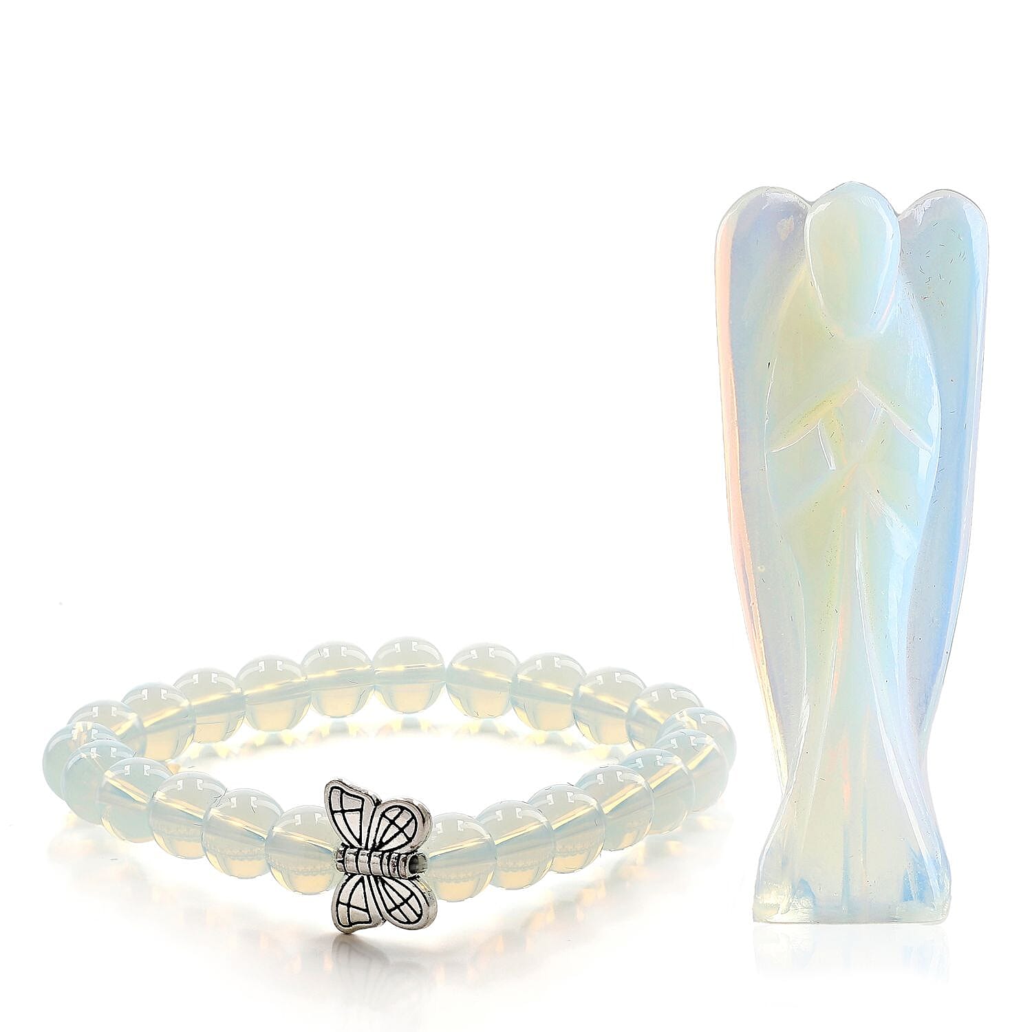 Handcarved - Opalite Guardian Gemstone Angel Figurines Sculpture (Size 8.00 Cm) - Stretch Bracelet (Size 7.5) - Sky Blue