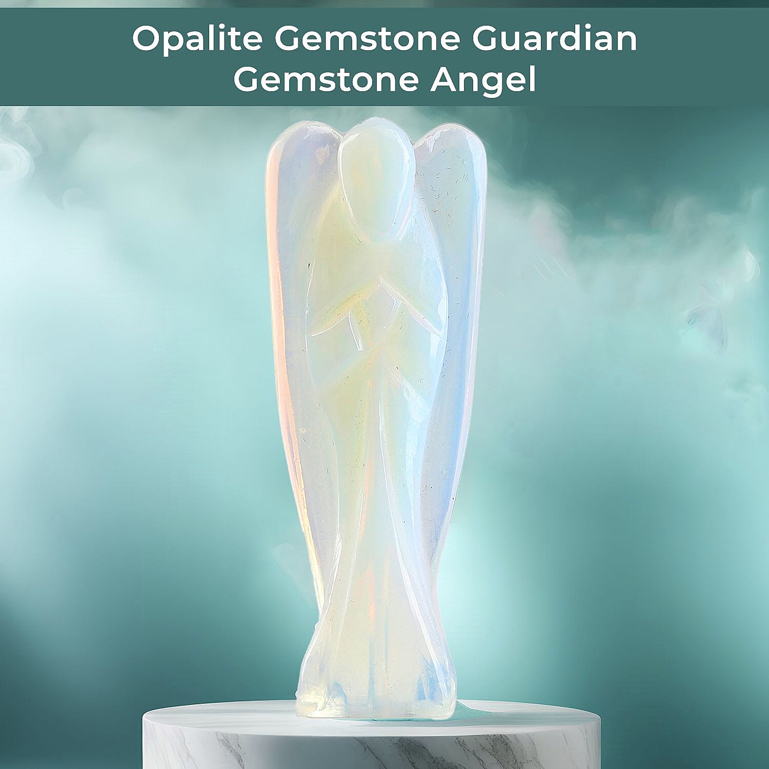 Handcarved - Opalite Guardian Gemstone Angel Figurines Sculpture (Size 8.00 Cm) - Stretch Bracelet (Size 7.5) - Sky Blue