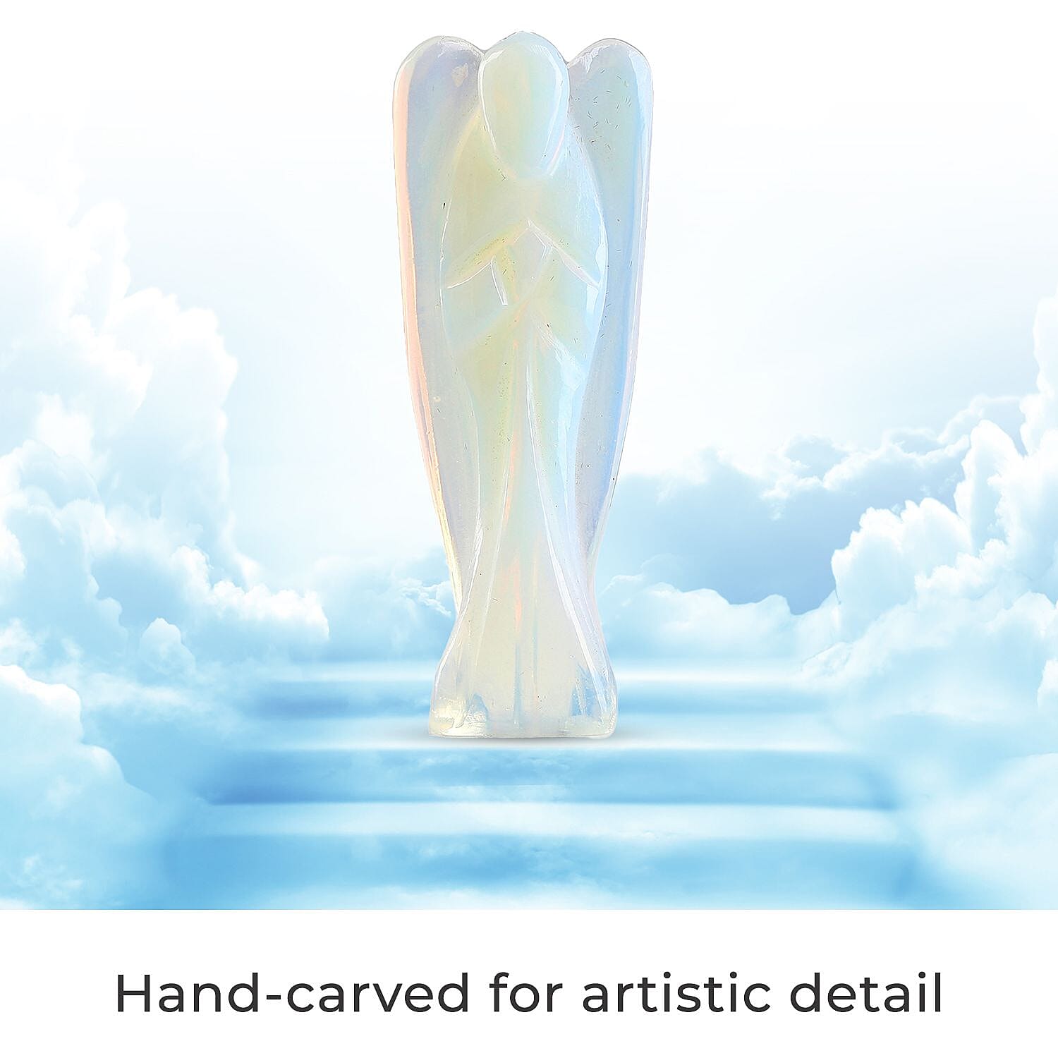 Handcarved - Opalite Guardian Gemstone Angel Figurines Sculpture (Size 8.00 Cm) - Stretch Bracelet (Size 7.5) - Sky Blue