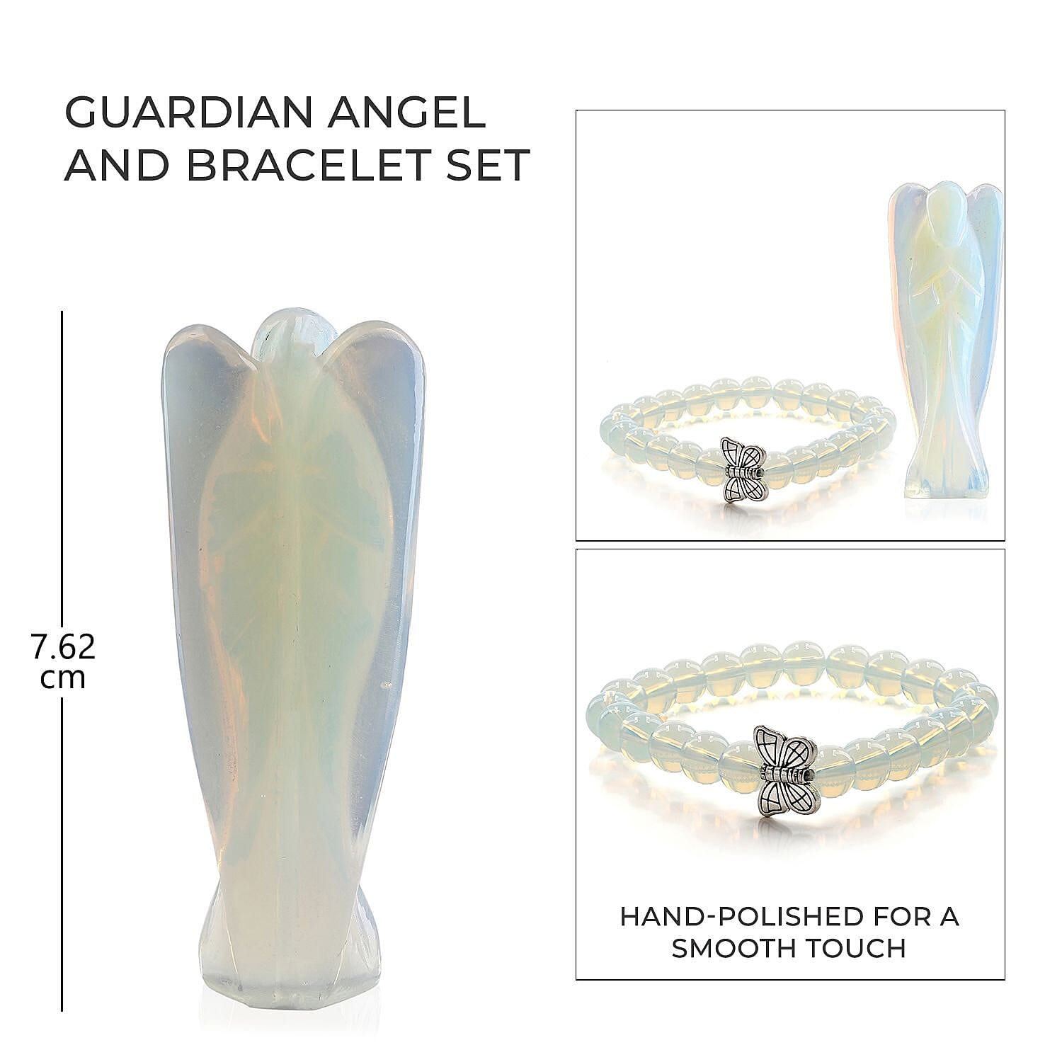 Handcarved - Opalite Guardian Gemstone Angel Figurines Sculpture (Size 8.00 Cm) - Stretch Bracelet (Size 7.5) - Sky Blue