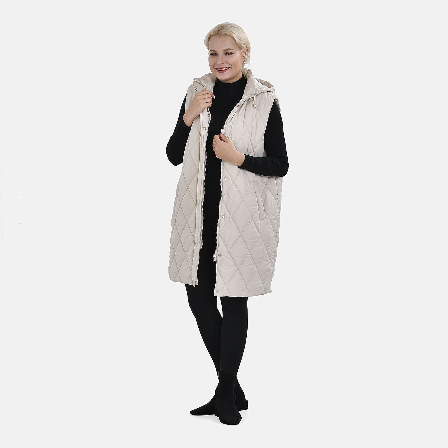 Tamsy Hoodie Puffer Gilet with 2 Side Pockets - Beige