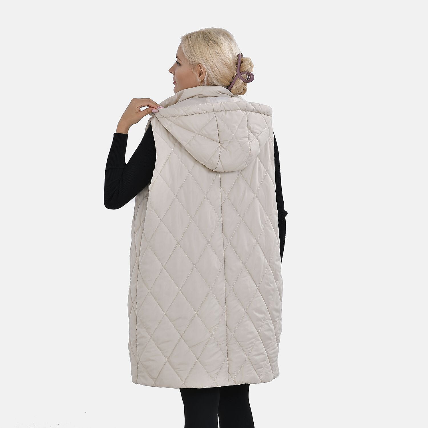 Tamsy Hoodie Puffer Gilet with 2 Side Pockets - Beige