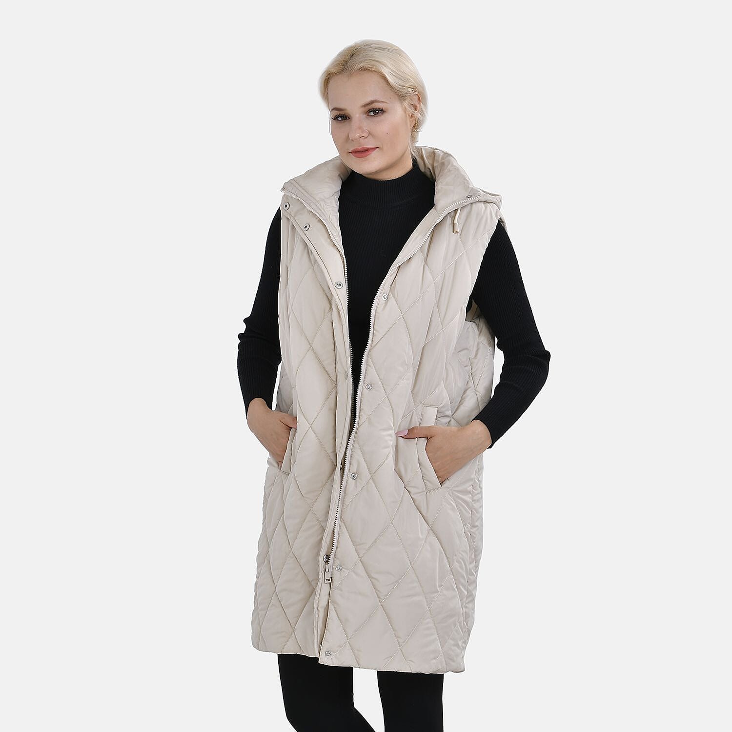 Tamsy Hoodie Puffer Gilet with 2 Side Pockets - Beige