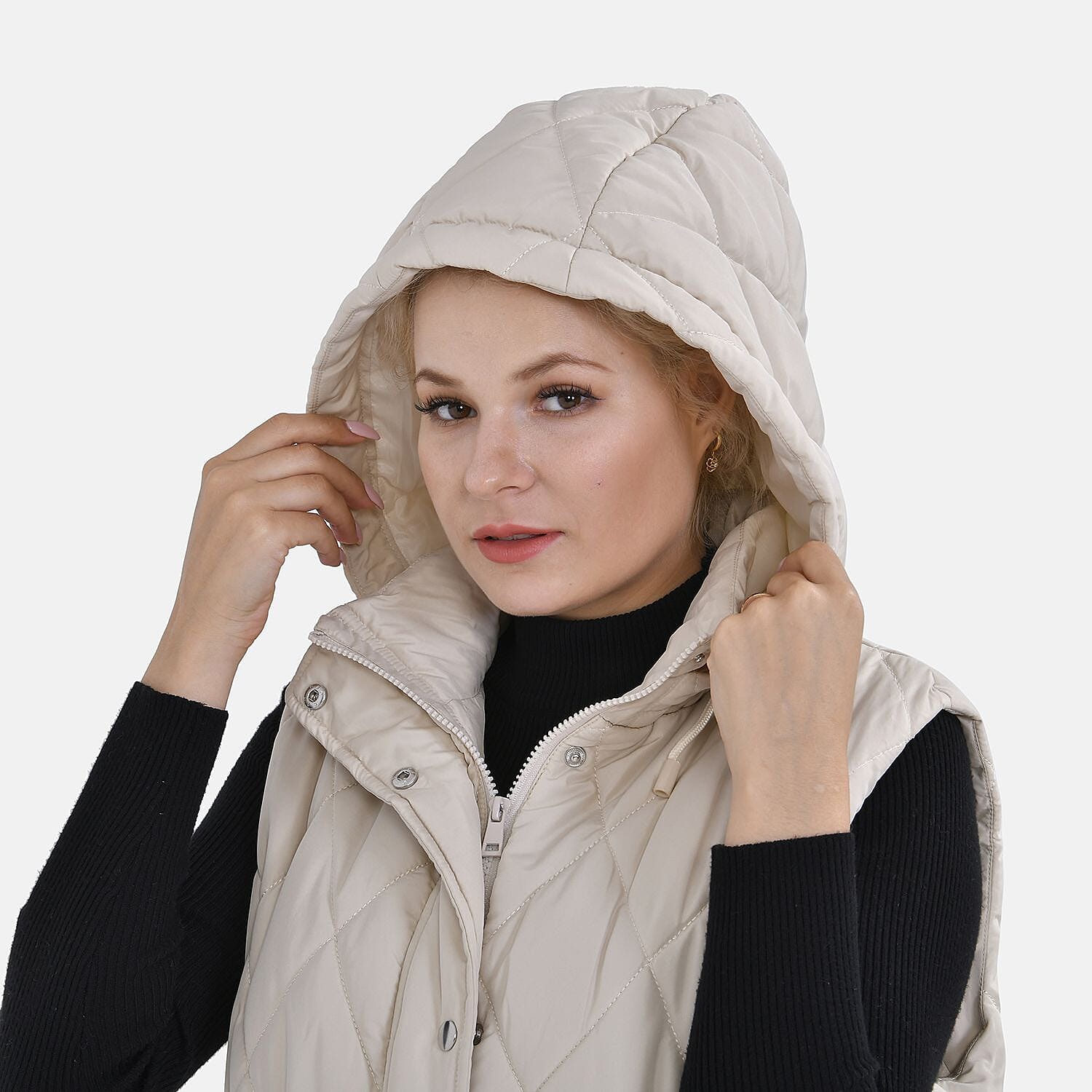 Tamsy Hoodie Puffer Gilet with 2 Side Pockets - Beige