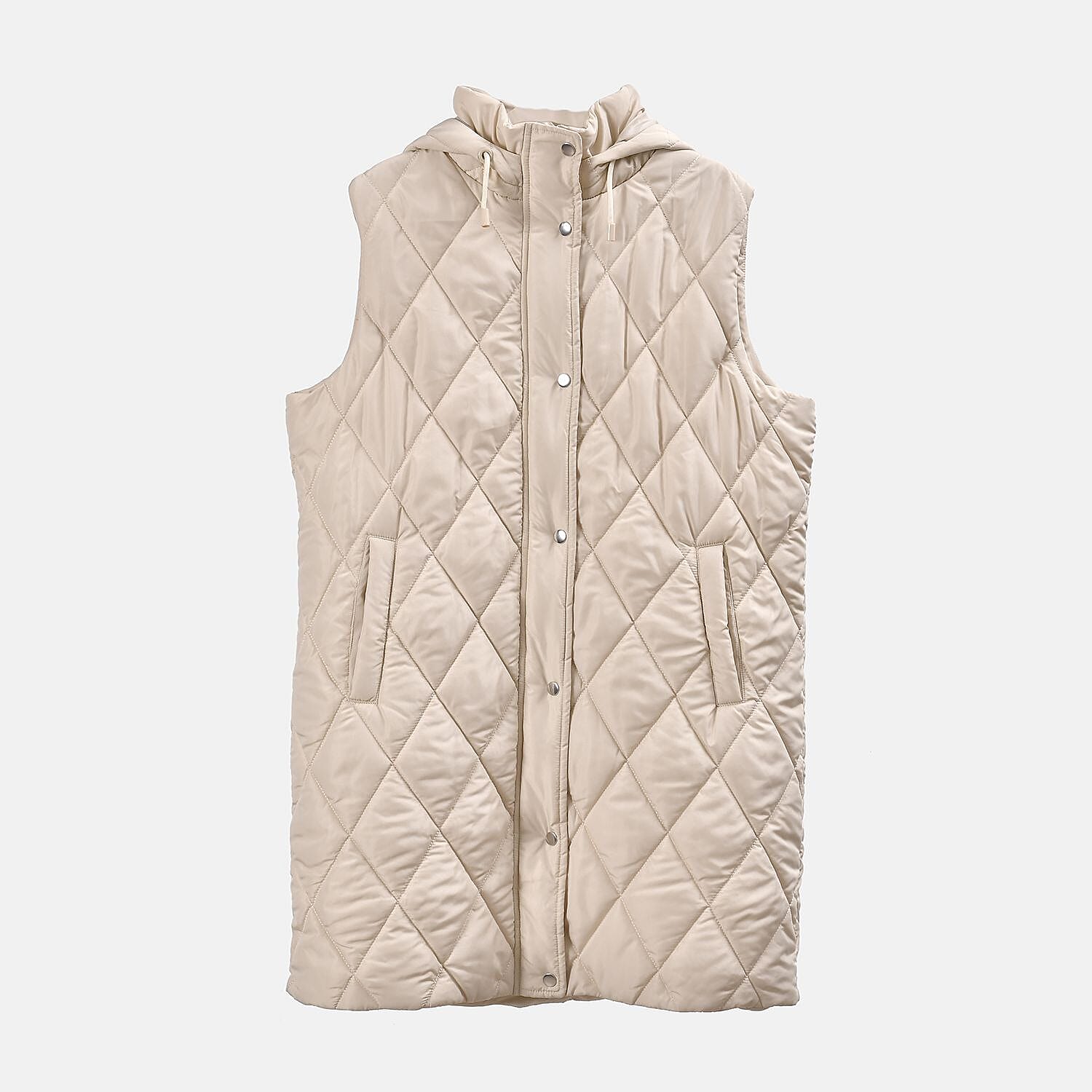 Tamsy Hoodie Puffer Gilet with 2 Side Pockets - Beige