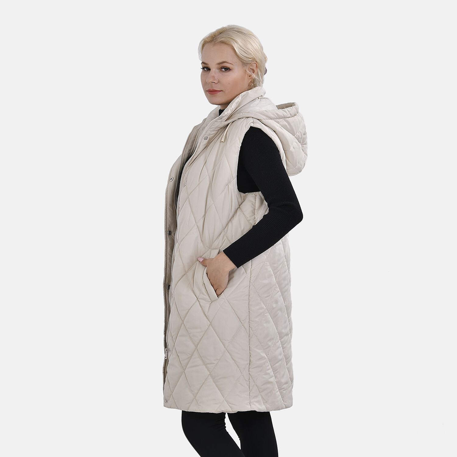 Tamsy Hoodie Puffer Gilet with 2 Side Pockets (Size L) - Beige