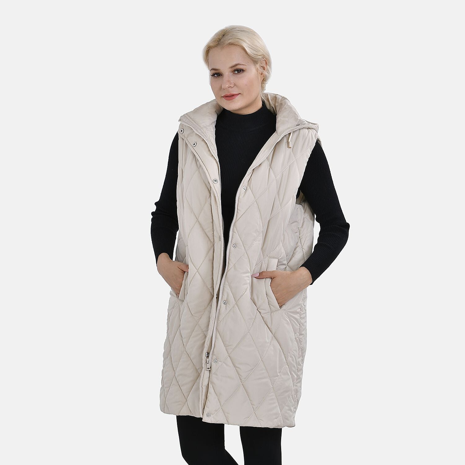 Tamsy Hoodie Puffer Gilet with 2 Side Pockets (Size L) - Beige