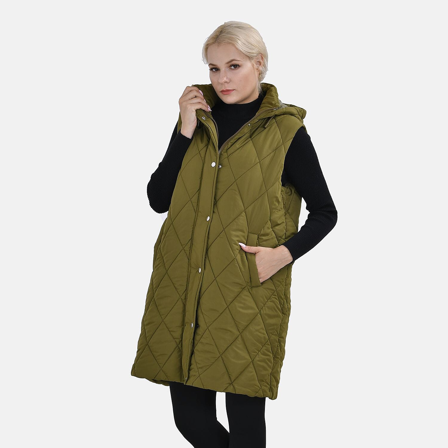 Tamsy Hoodie Puffer Gilet with 2 Side Pockets - Beige