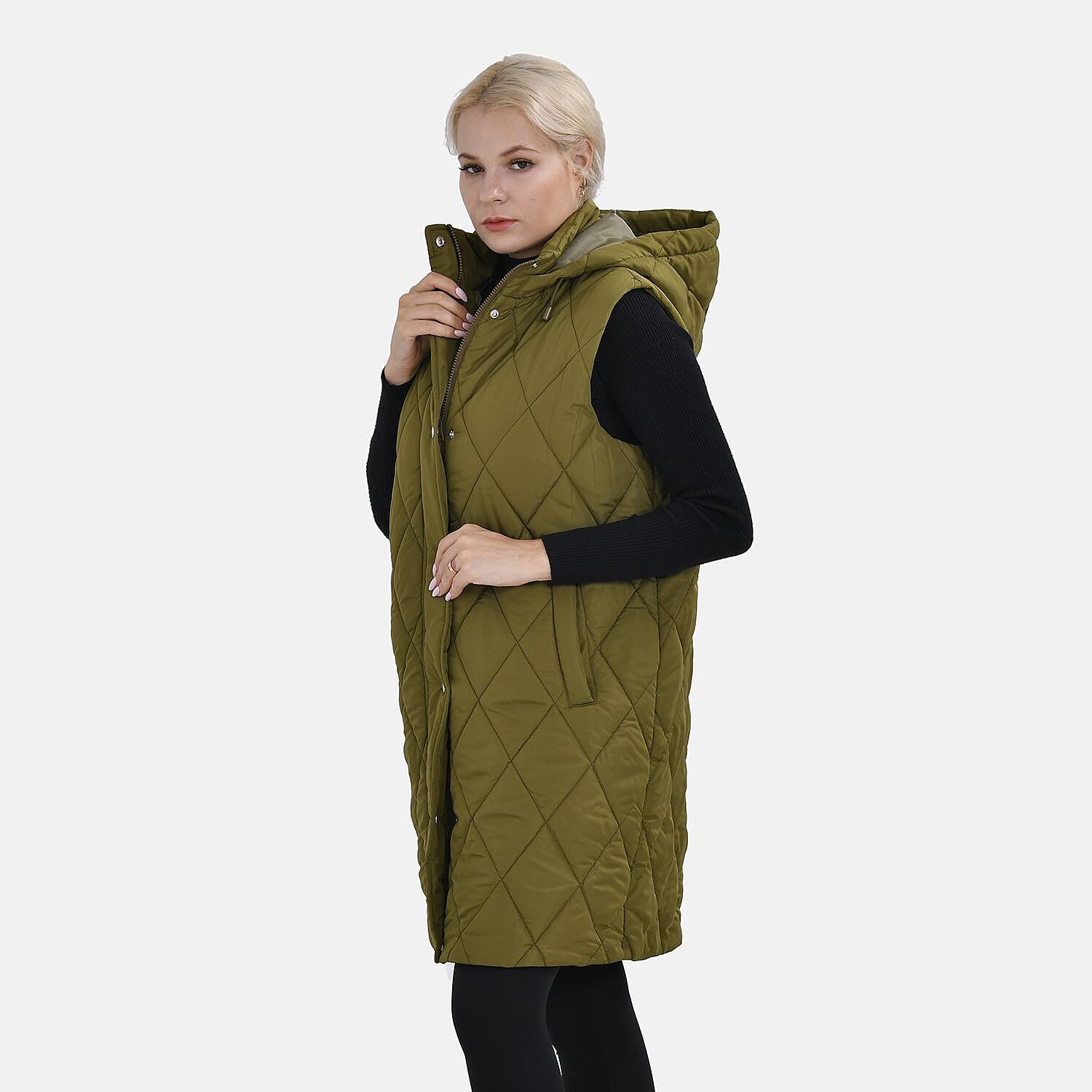 Tamsy Hoodie Puffer Gilet with 2 Side Pockets - Beige