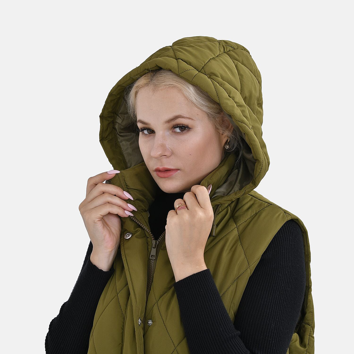 Tamsy Hoodie Puffer Gilet with 2 Side Pockets - Beige