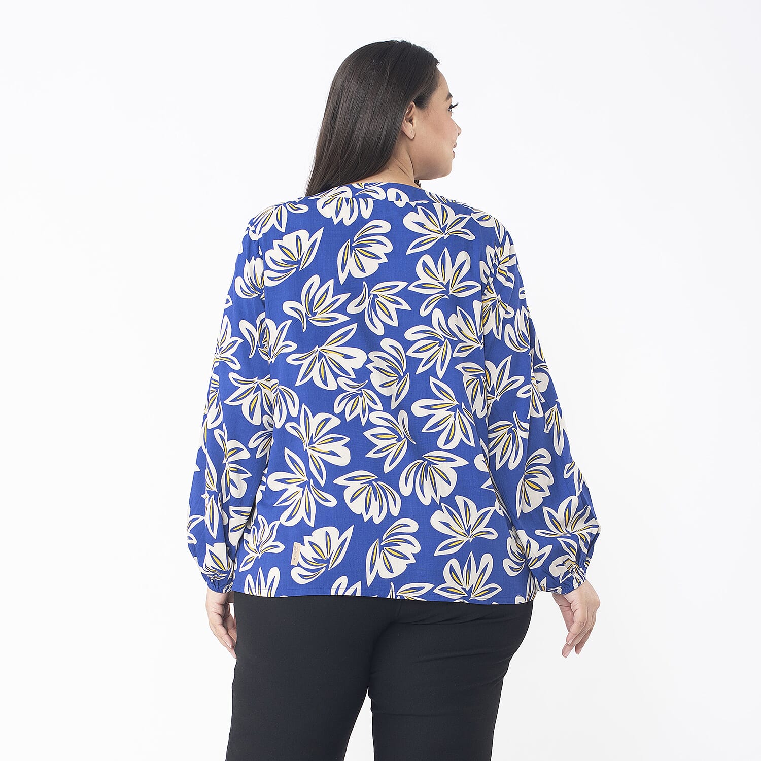 TAMSY 100% Viscose Floral Printed V Neck Full Sleeve Top with Elastic at Cuffs (Size S,08-10) - Navy