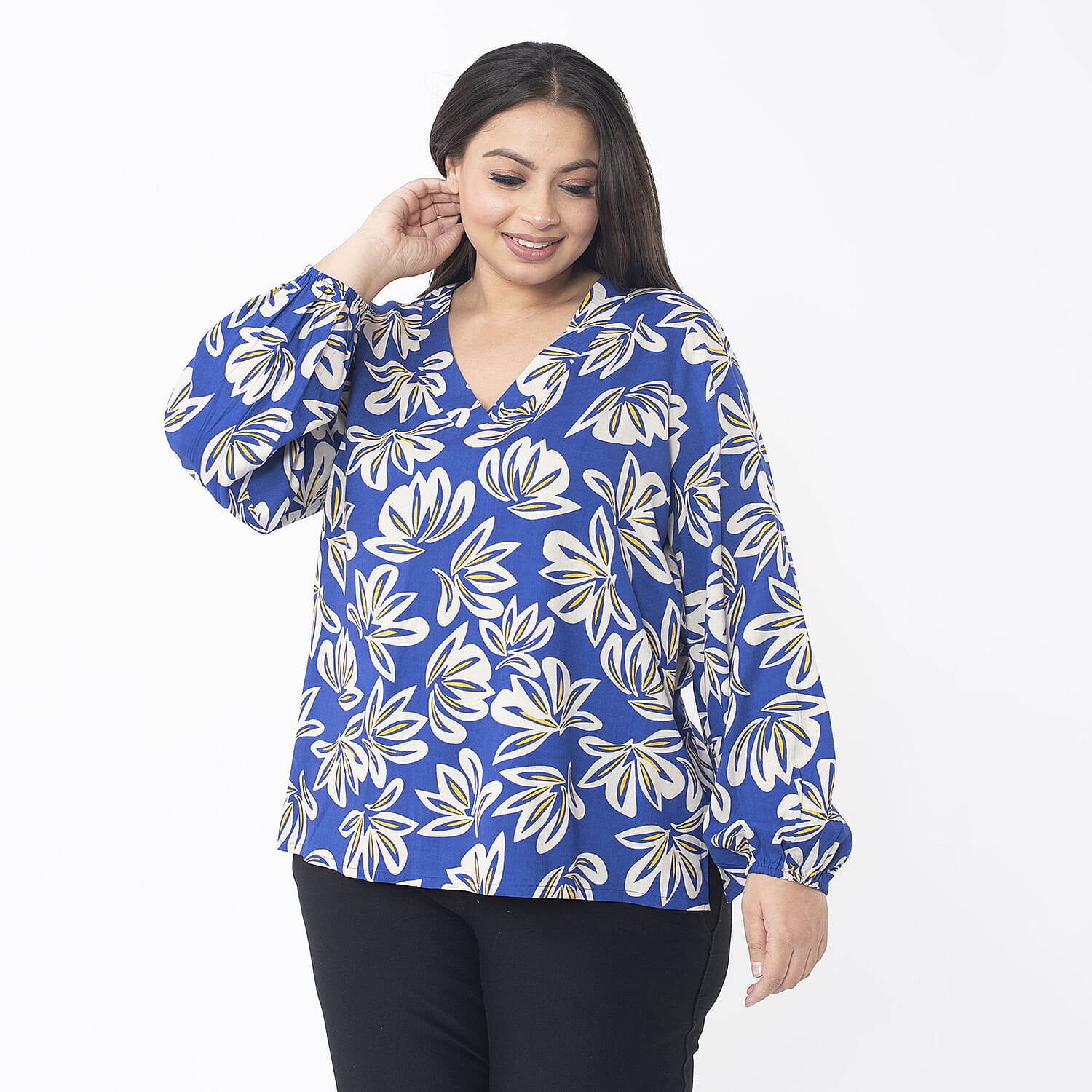 TAMSY 100% Viscose Floral Printed V Neck Full Sleeve Top with Elastic at Cuffs (Size S,08-10) - Navy