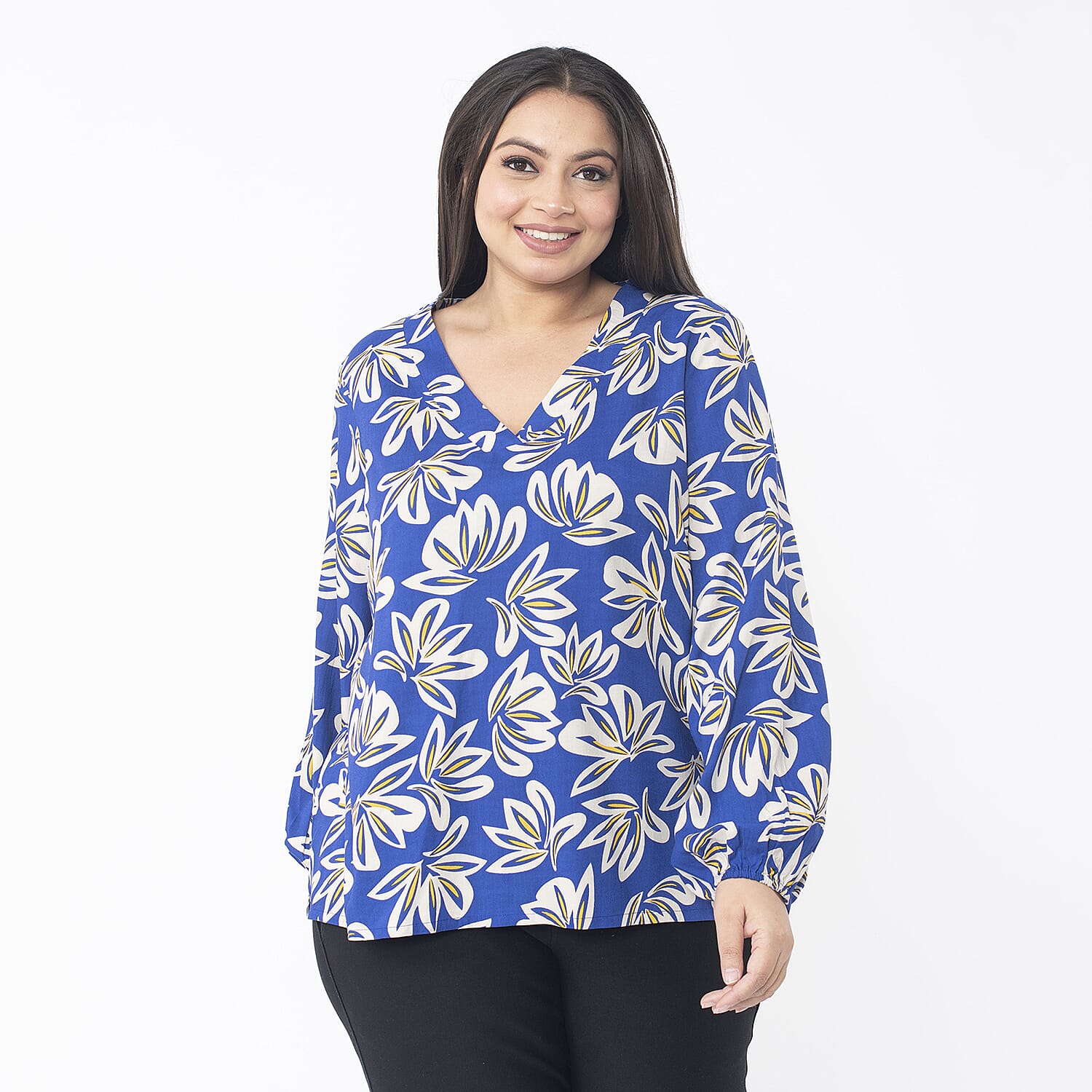 TAMSY 100% Viscose Floral Printed V Neck Full Sleeve Top with Elastic at Cuffs (Size S,08-10) - Navy