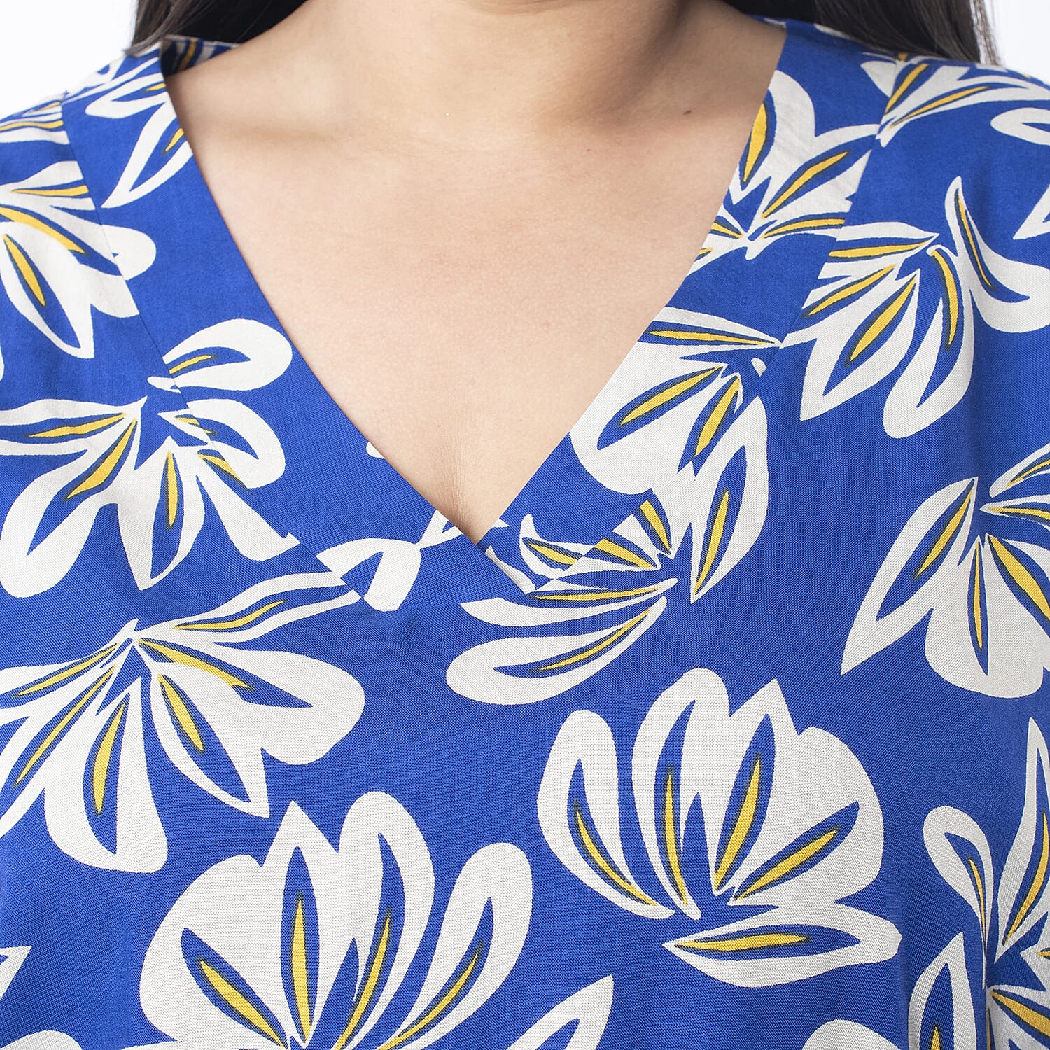  TAMSY Viscose Floral Printed V Neck Full Sleeve Top with Elastic at Cuffs - Navy