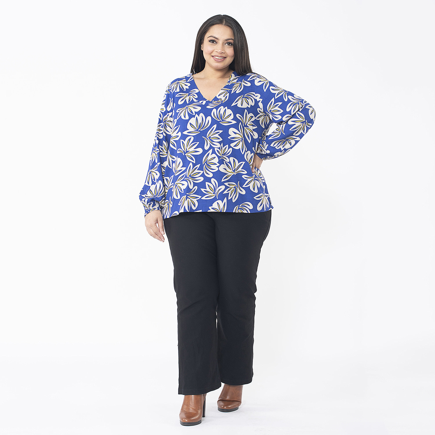 TAMSY 100% Viscose Floral Printed V Neck Full Sleeve Top with Elastic at Cuffs (Size M,12-14) - Navy