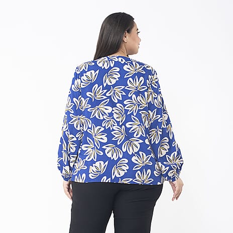 TAMSY 100% Viscose Floral Printed V Neck Full Sleeve Top with Elastic at Cuffs (Size M,12-14) - Navy