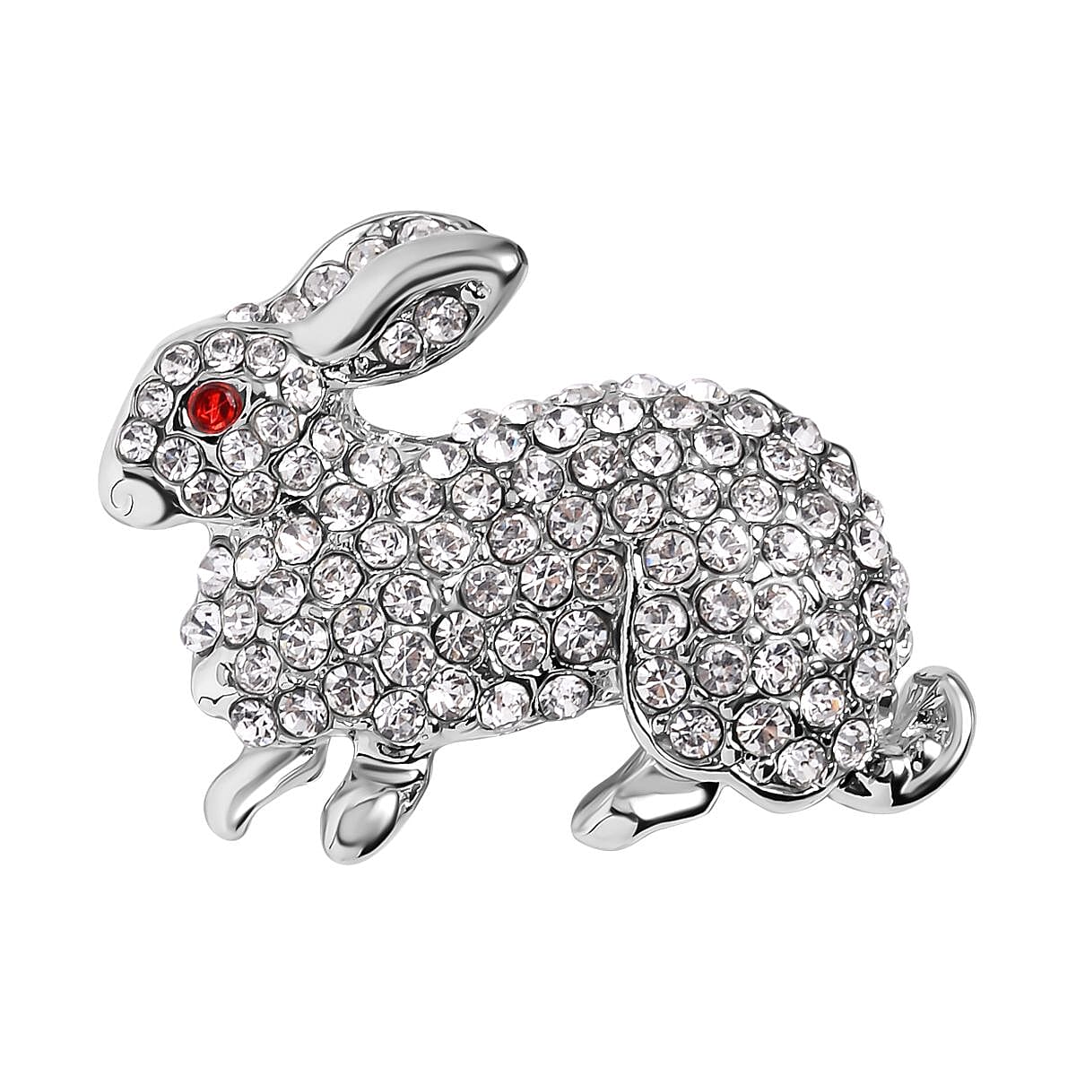 Red & White Austrian Crystal Rabbit Brooch in Silver Tone