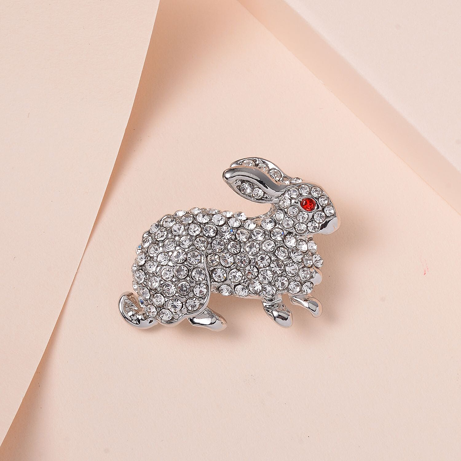 Red & White Austrian Crystal Rabbit Brooch in Silver Tone