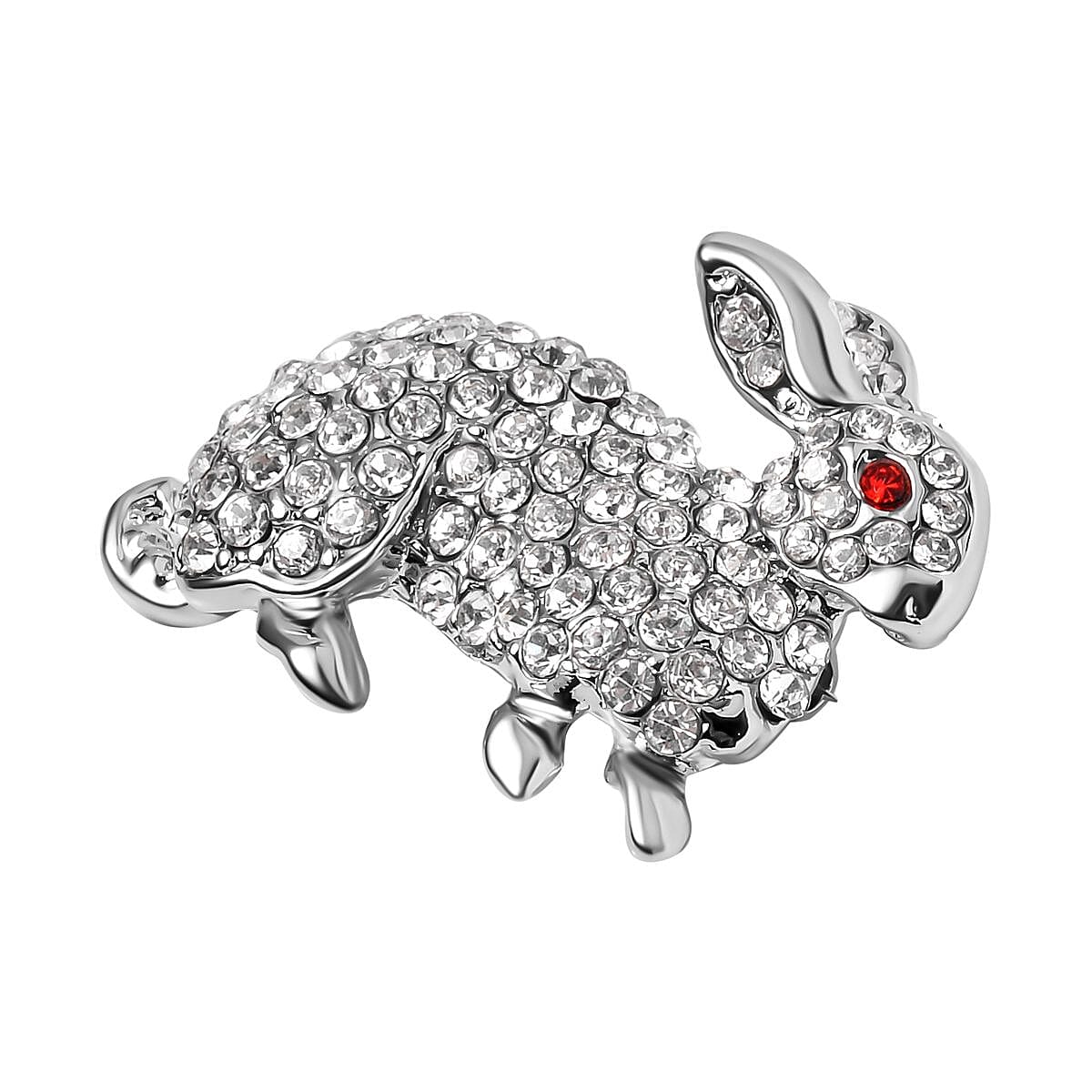 Red & White Austrian Crystal Rabbit Brooch in Silver Tone