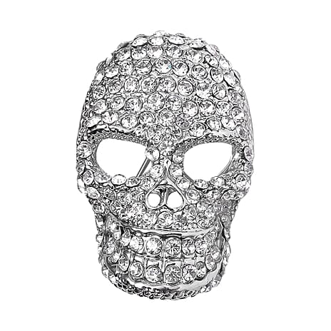 White Austrian Crystal Skull Brooch in Silver Tone