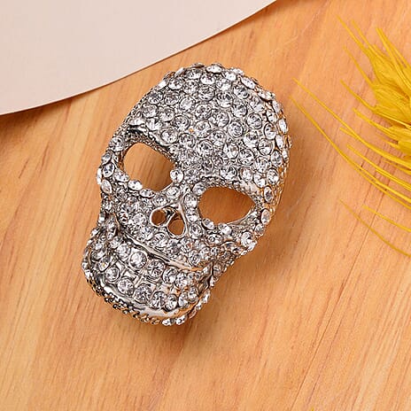 White Austrian Crystal Skull Brooch in Silver Tone