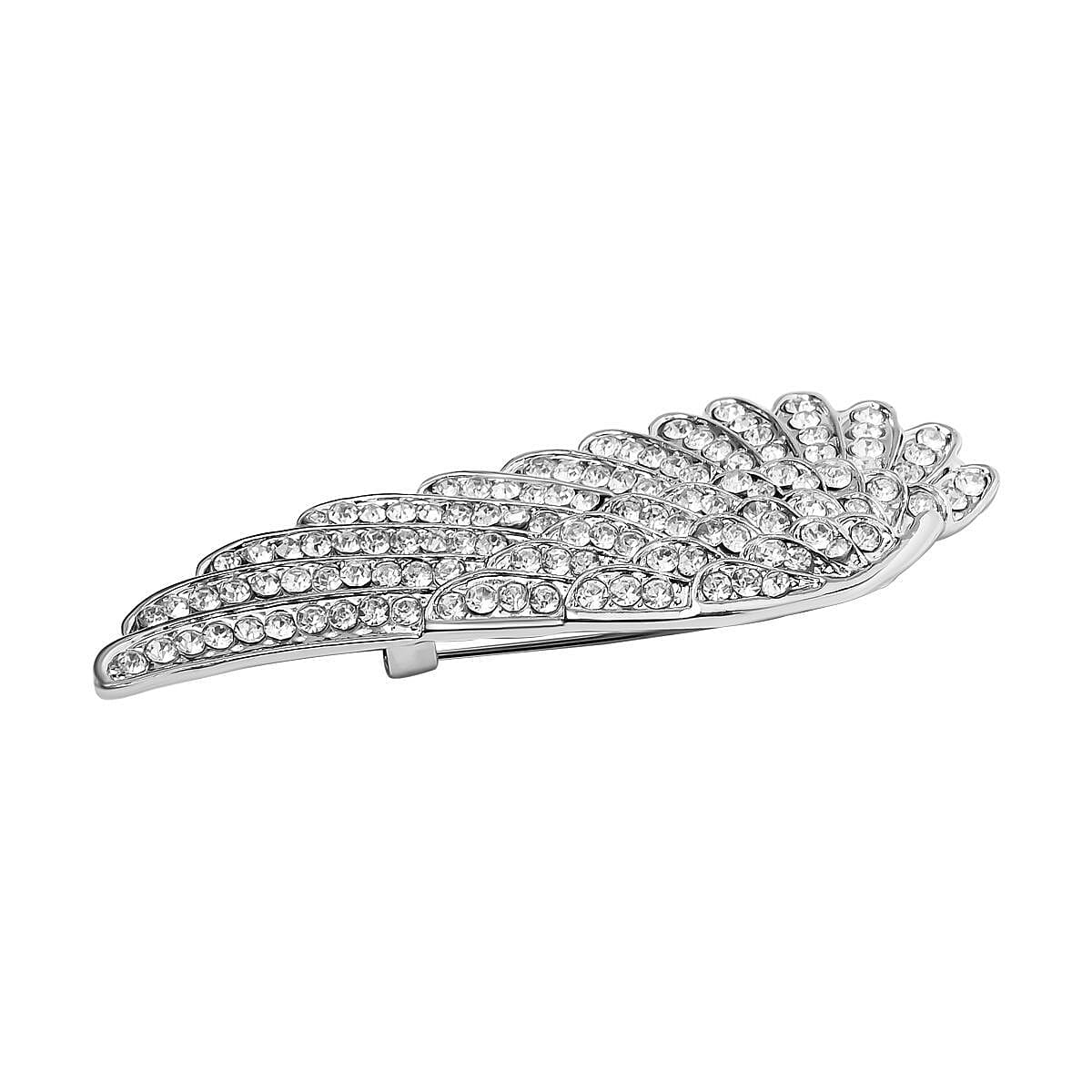 White Austrian Crystal Wing Brooch in Silver Tone
