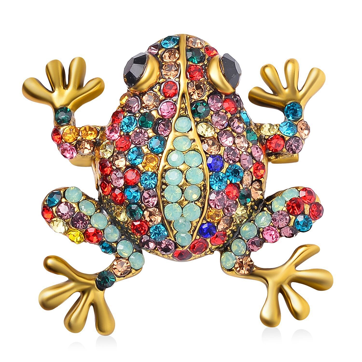 Designer Inspired - Multi Colour Austrian Crystal Frog Brooch in Antique Gold Tone