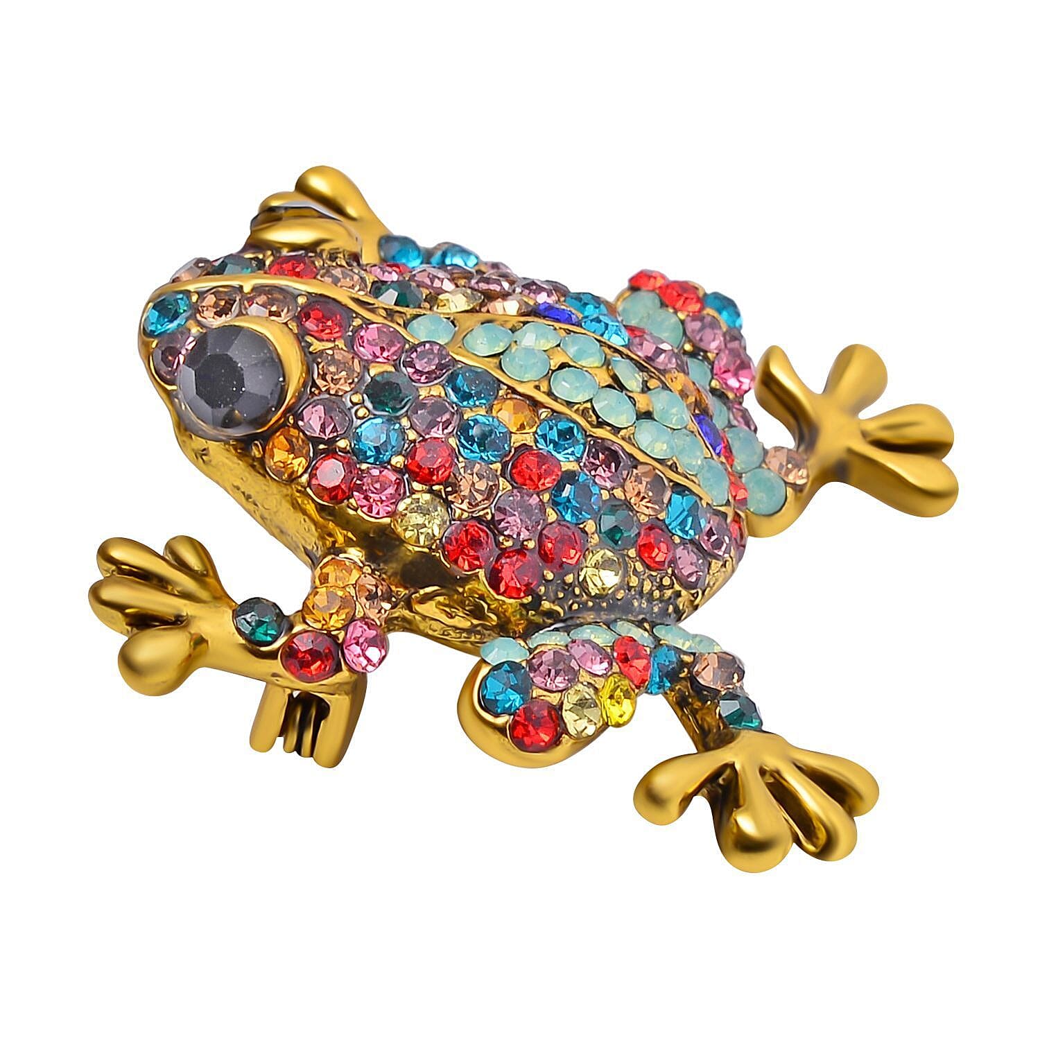 Designer Inspired - Multi Colour Austrian Crystal Frog Brooch in Antique Gold Tone