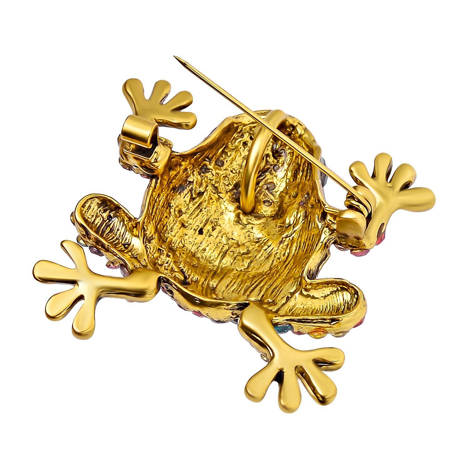 Designer Inspired - Multi Colour Austrian Crystal Frog Brooch in Antique Gold Tone