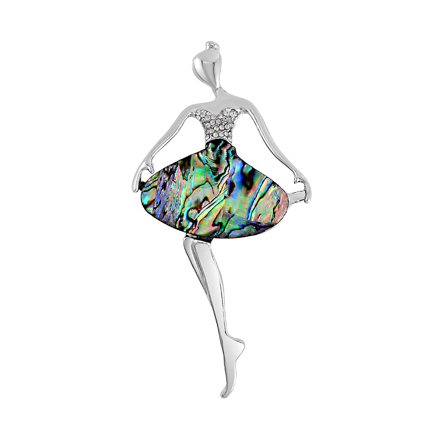 Abalone Shell & White Austrian Crystal Ballerina Brooch in SIlver Tone