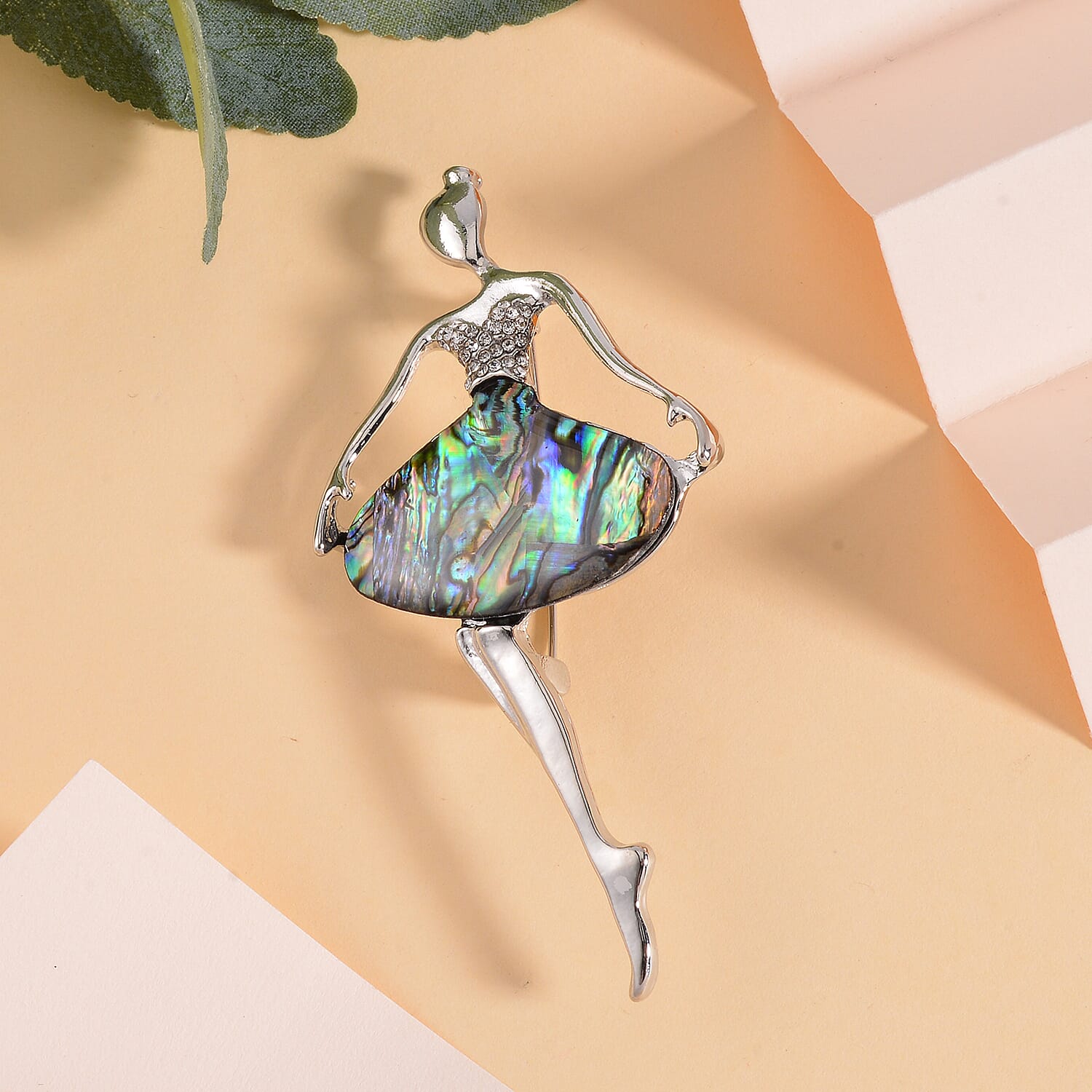 Abalone Shell & White Austrian Crystal Ballerina Brooch in SIlver Tone