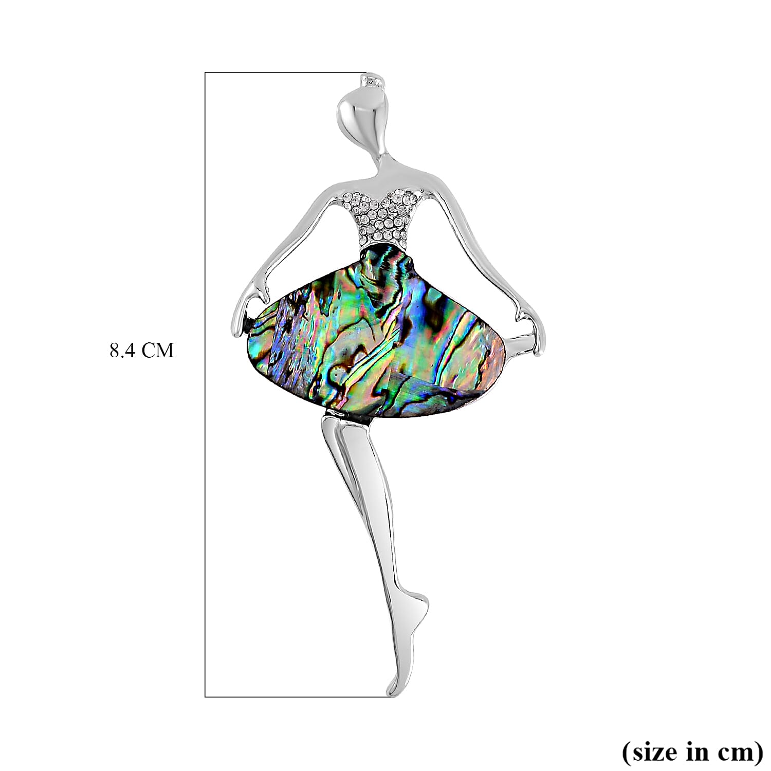 Abalone Shell & White Austrian Crystal Ballerina Brooch in SIlver Tone