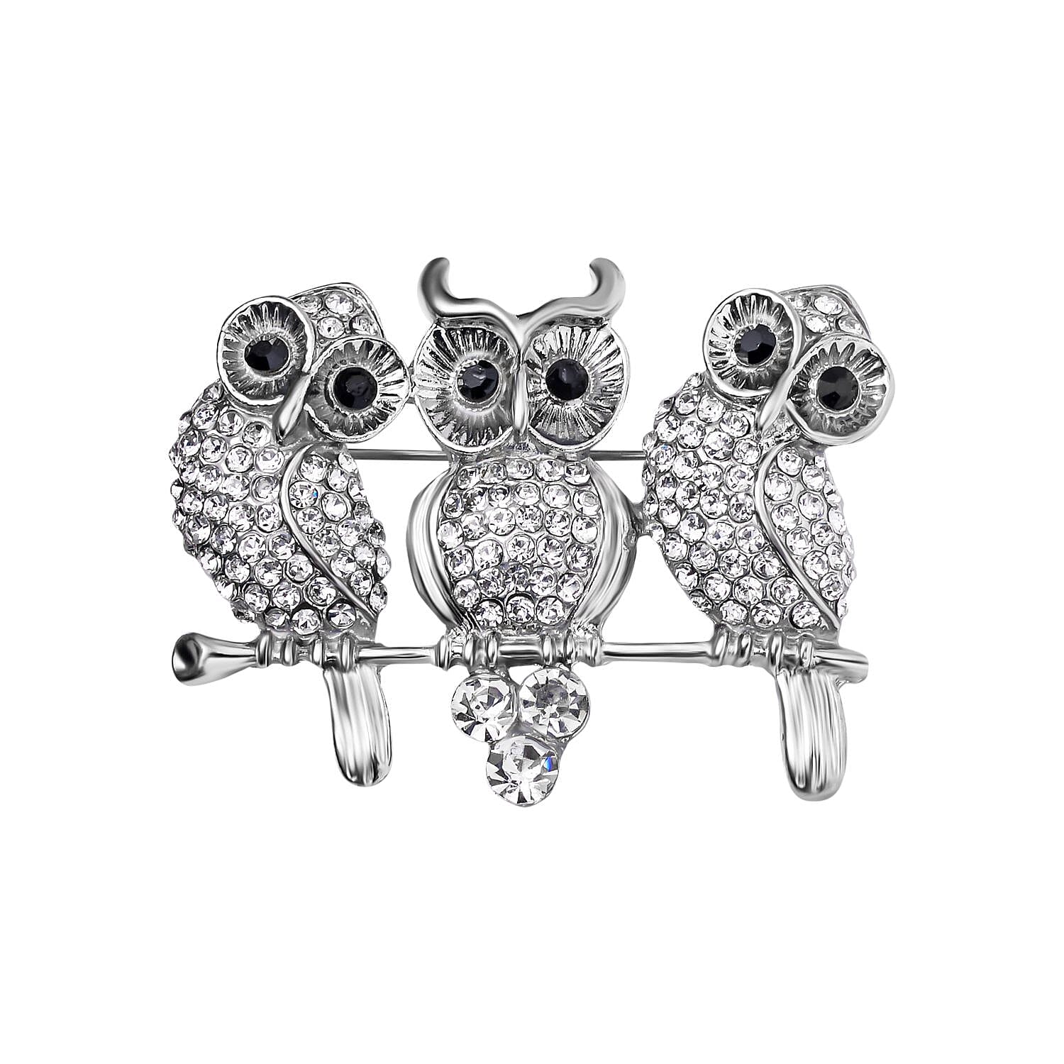 Austrian Black Crystal & White Crystal Owl Brooch in Silver Tone