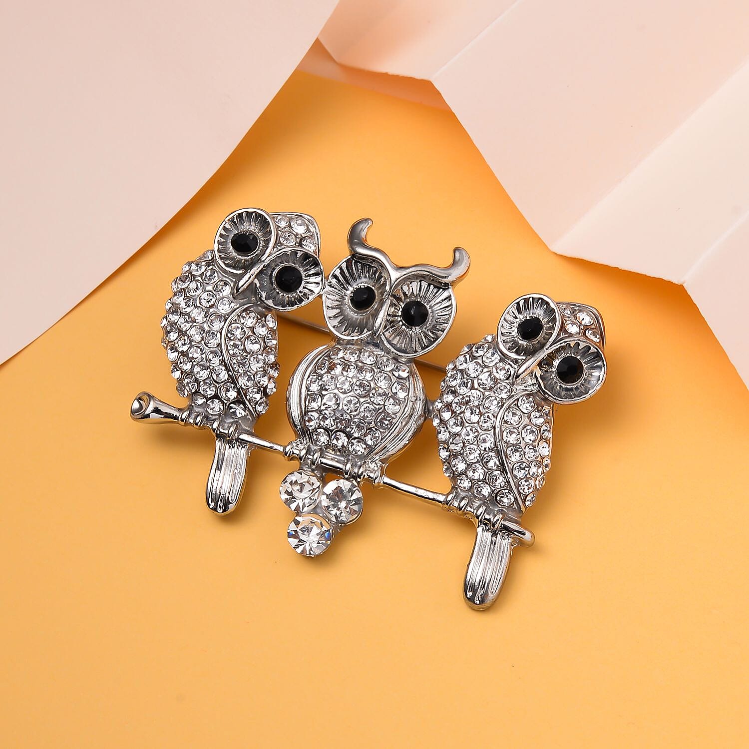 Austrian Black Crystal & White Crystal Owl Brooch in Silver Tone