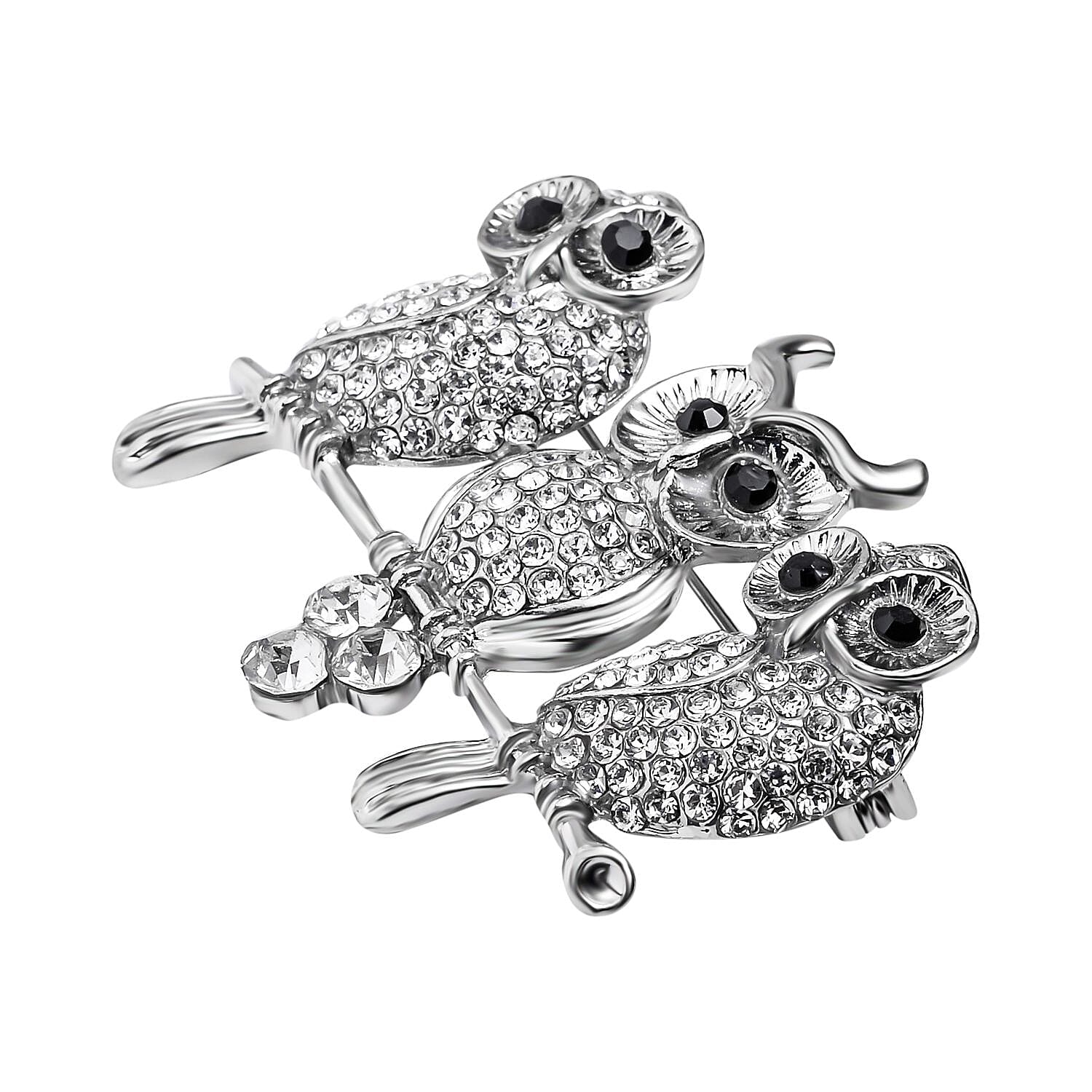 Austrian Black Crystal & White Crystal Owl Brooch in Silver Tone