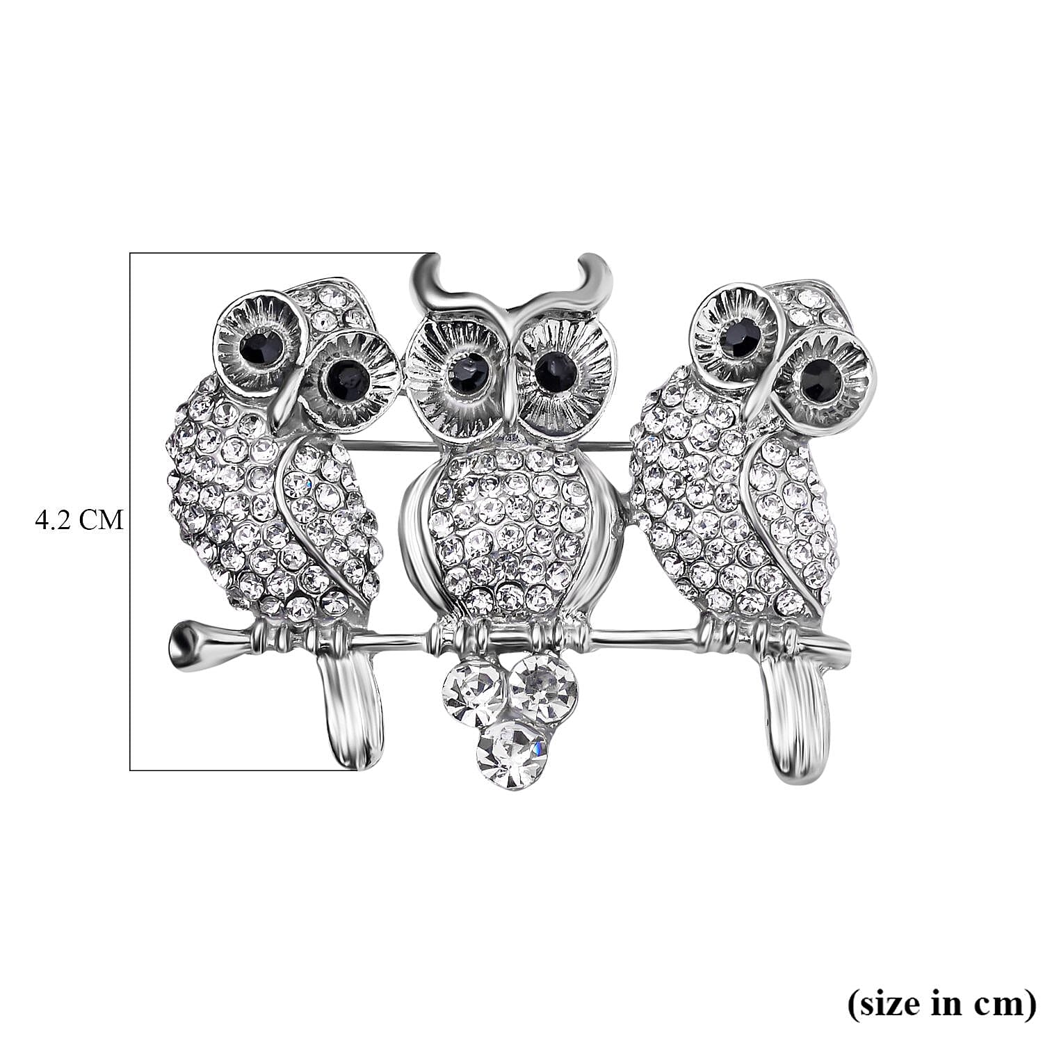 Austrian Black Crystal & White Crystal Owl Brooch in Silver Tone
