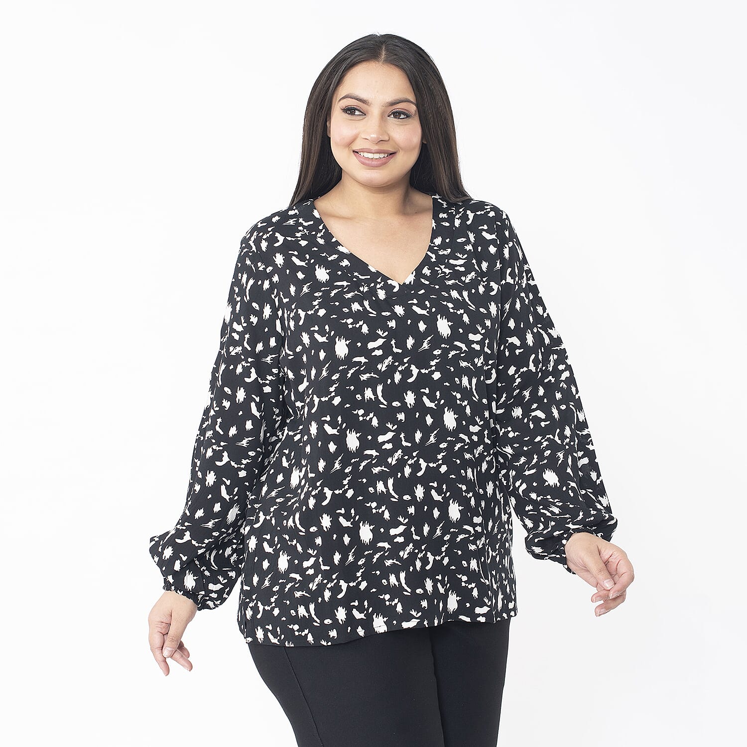  TAMSY Viscose Floral Printed V Neck Full Sleeve Top with Elastic at Cuffs - Navy