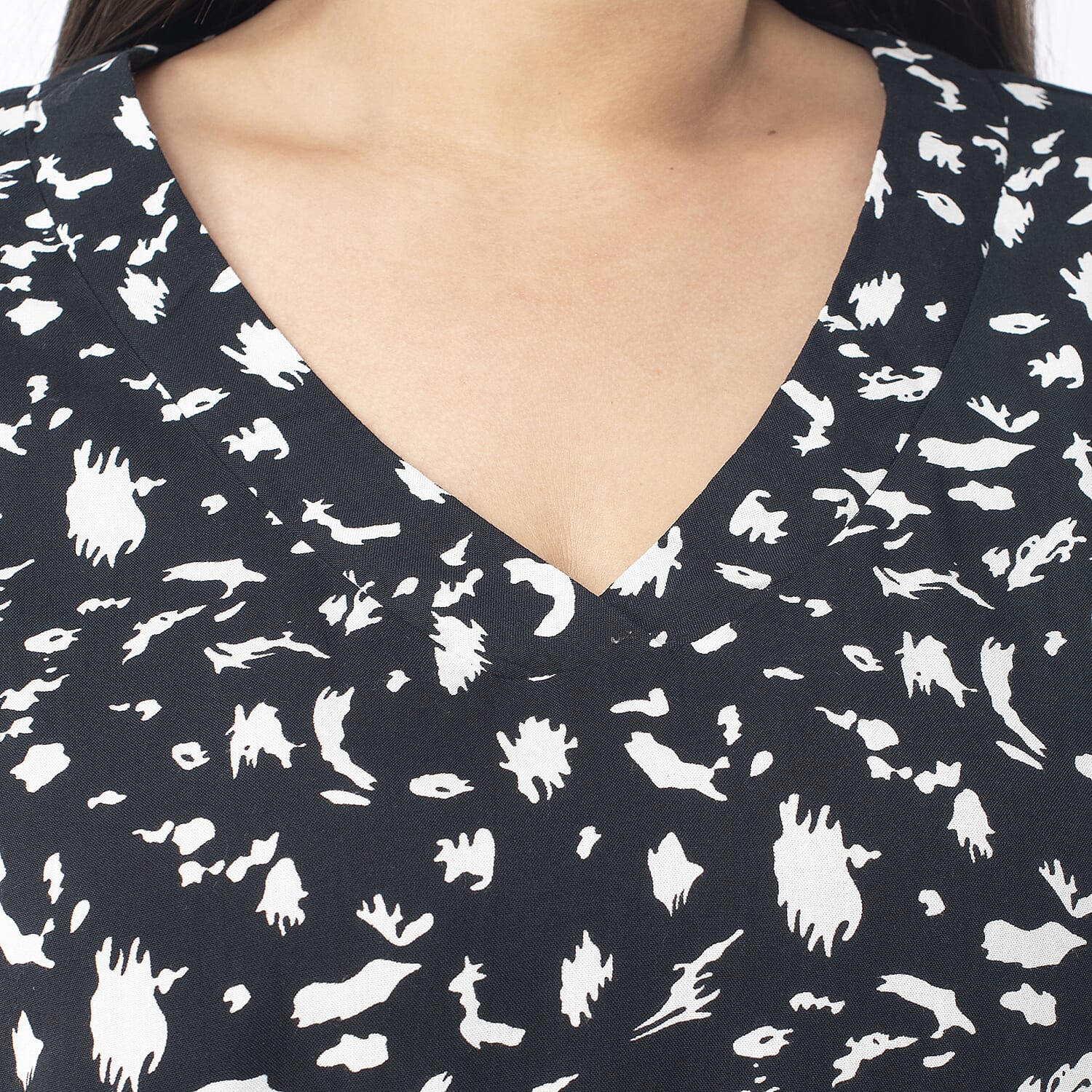  TAMSY Viscose Floral Printed V Neck Full Sleeve Top with Elastic at Cuffs - Navy