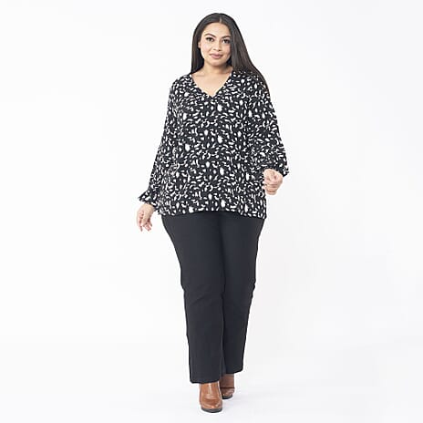 TAMSY 100% Viscose Animal Seamless Printed V Neck Full Sleeve Top with Elastic at Cuffs (Size XXL,24-26) - Black