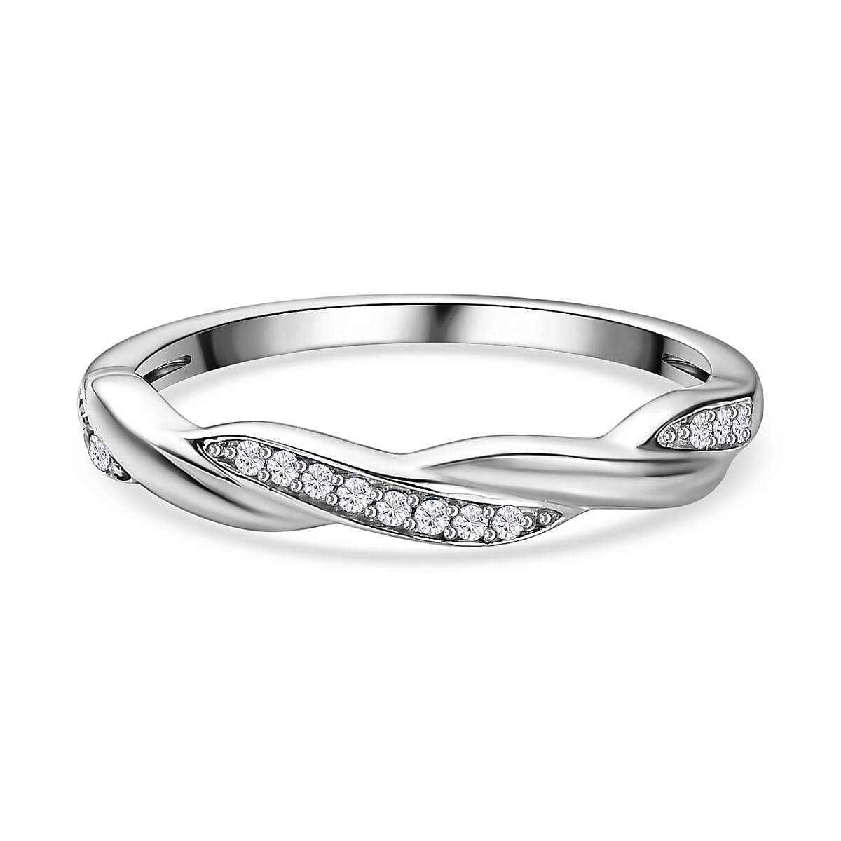 White Cubic Zirconia  Band Ring in Rhodium Overlay Sterling Silver 0.11 ct  0.112  Ct.
