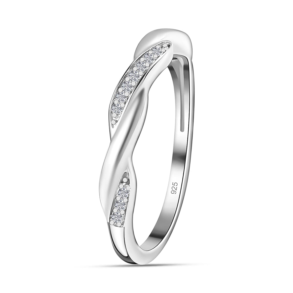 White Cubic Zirconia  Band Ring in Rhodium Overlay Sterling Silver 0.11 ct  0.112  Ct.