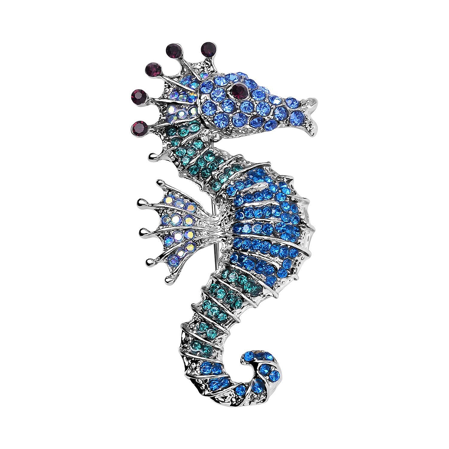 Multi Color Austrian Crystal Seahorse Brooch in Silver Tone