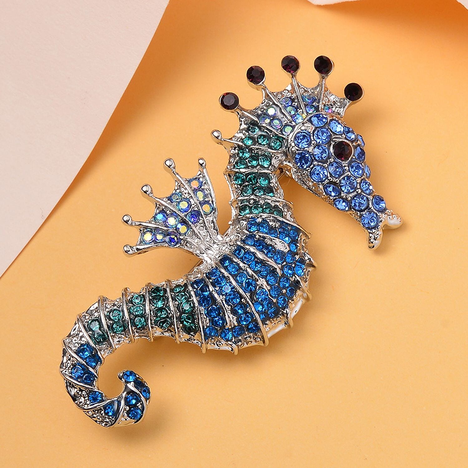 Multi Color Austrian Crystal Seahorse Brooch in Silver Tone