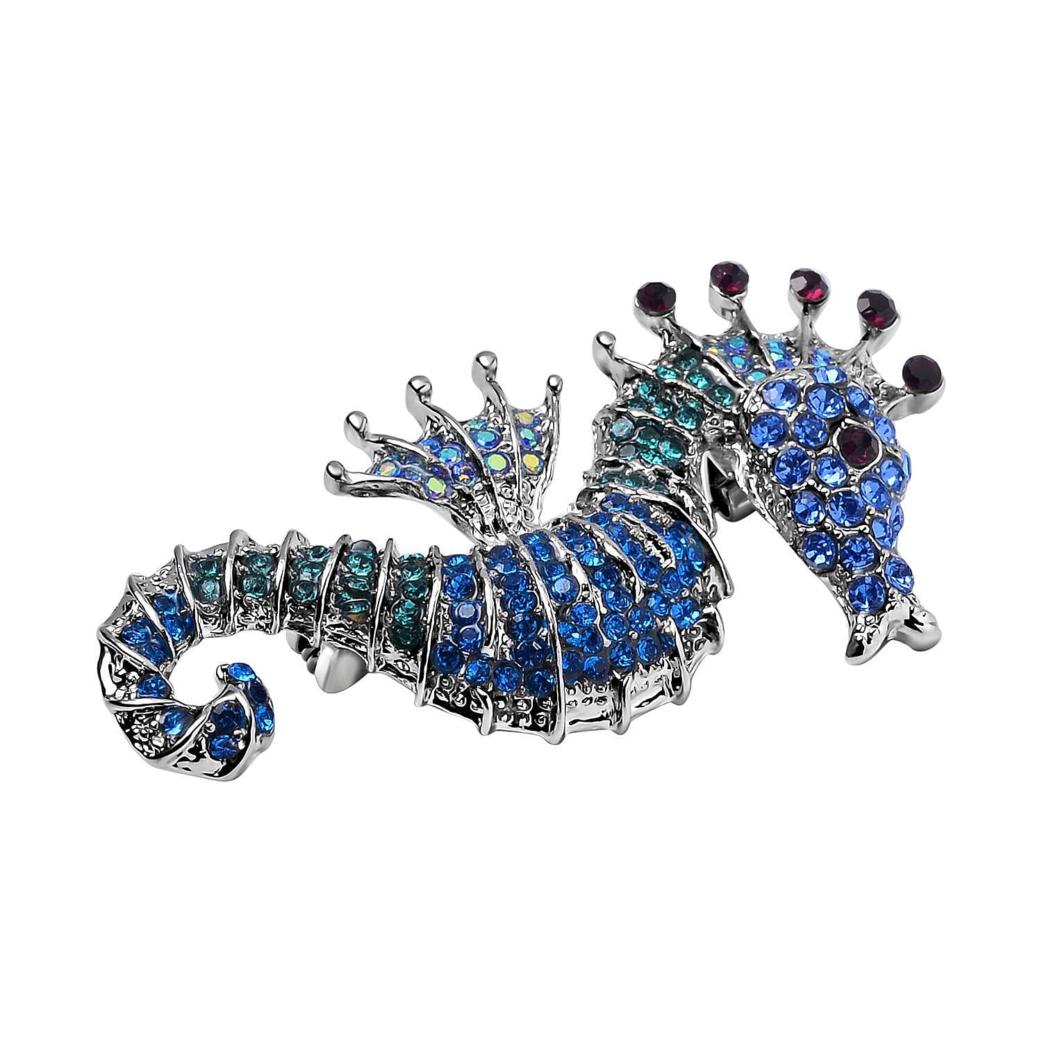 Multi Color Austrian Crystal Seahorse Brooch in Silver Tone