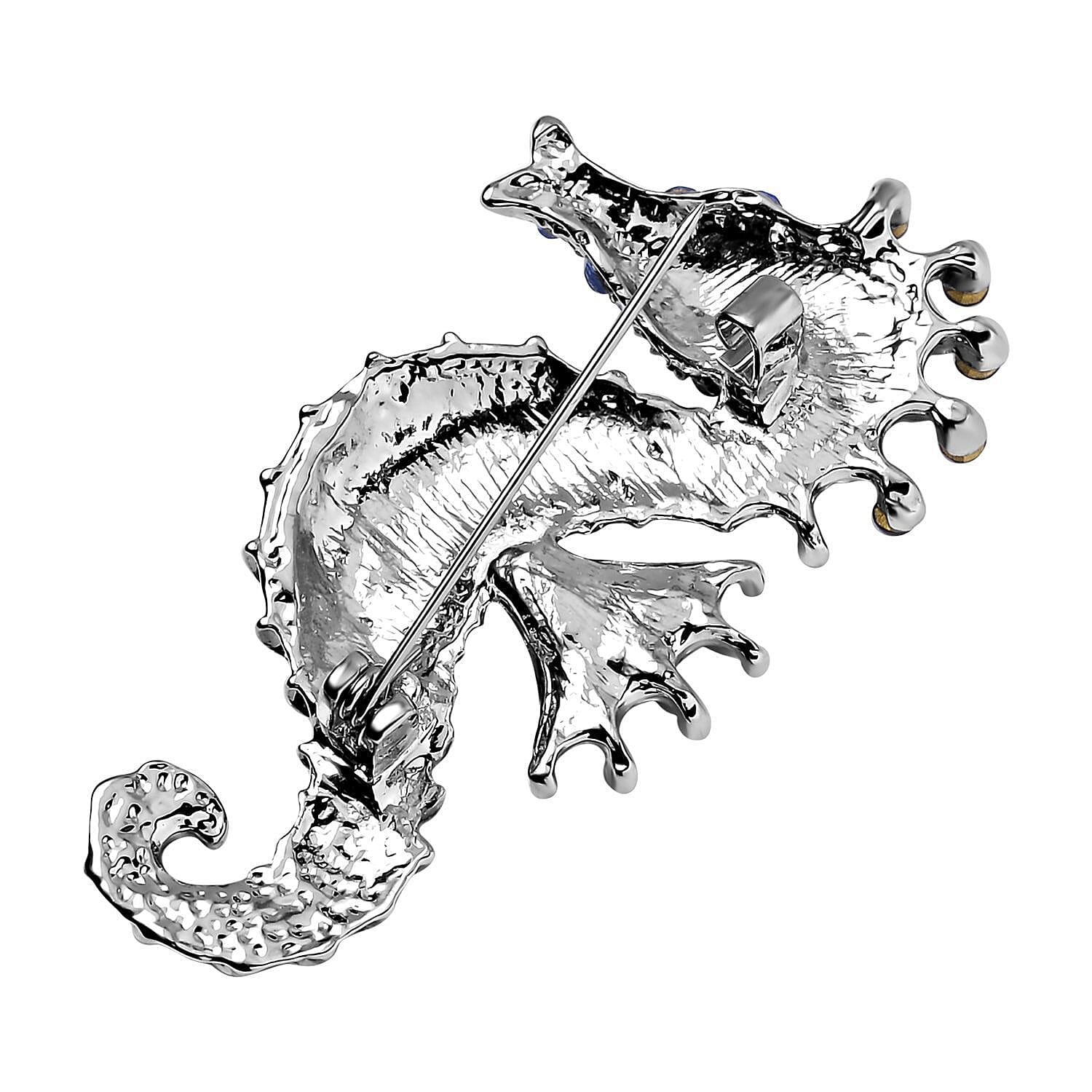 Multi Color Austrian Crystal Seahorse Brooch in Silver Tone