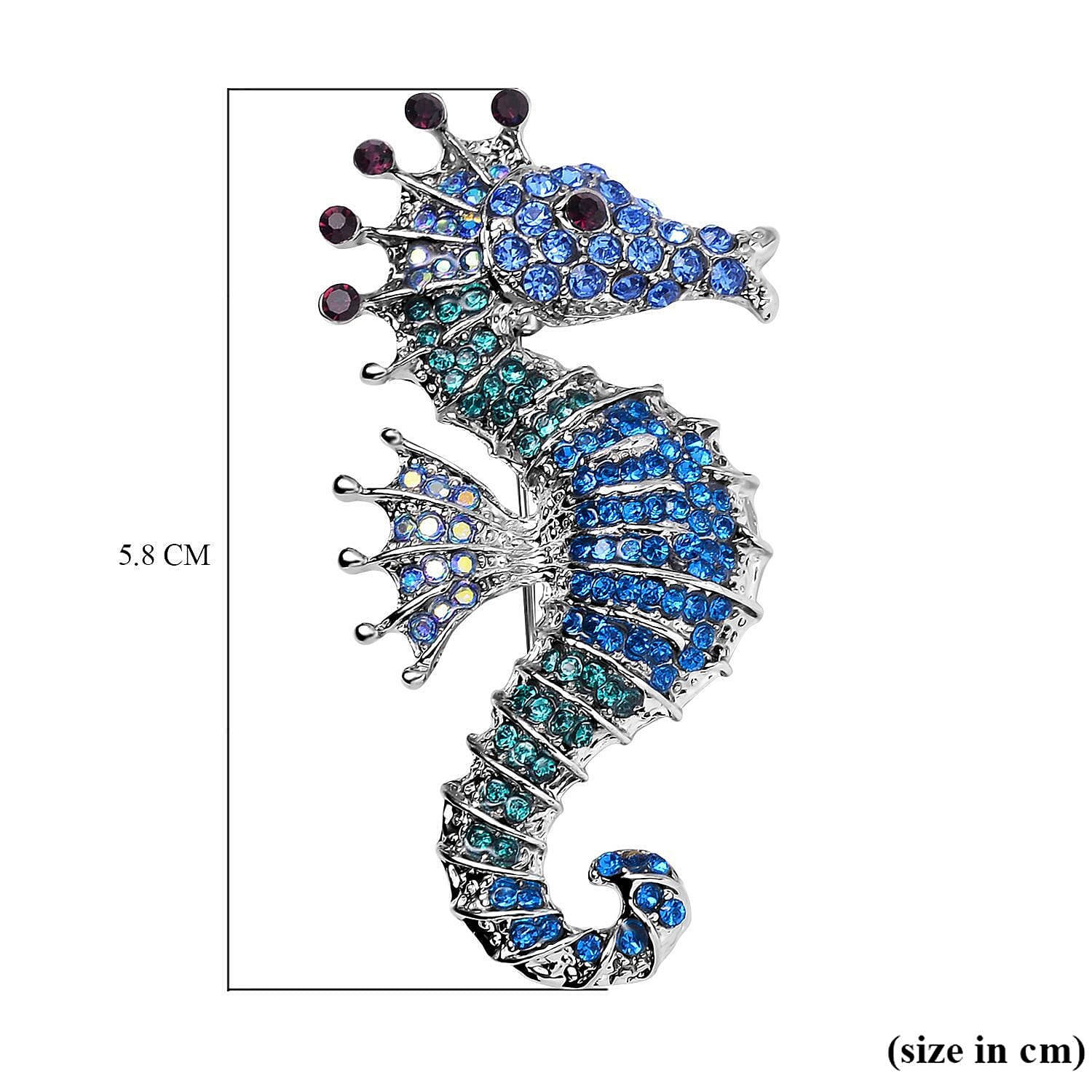 Multi Color Austrian Crystal Seahorse Brooch in Silver Tone
