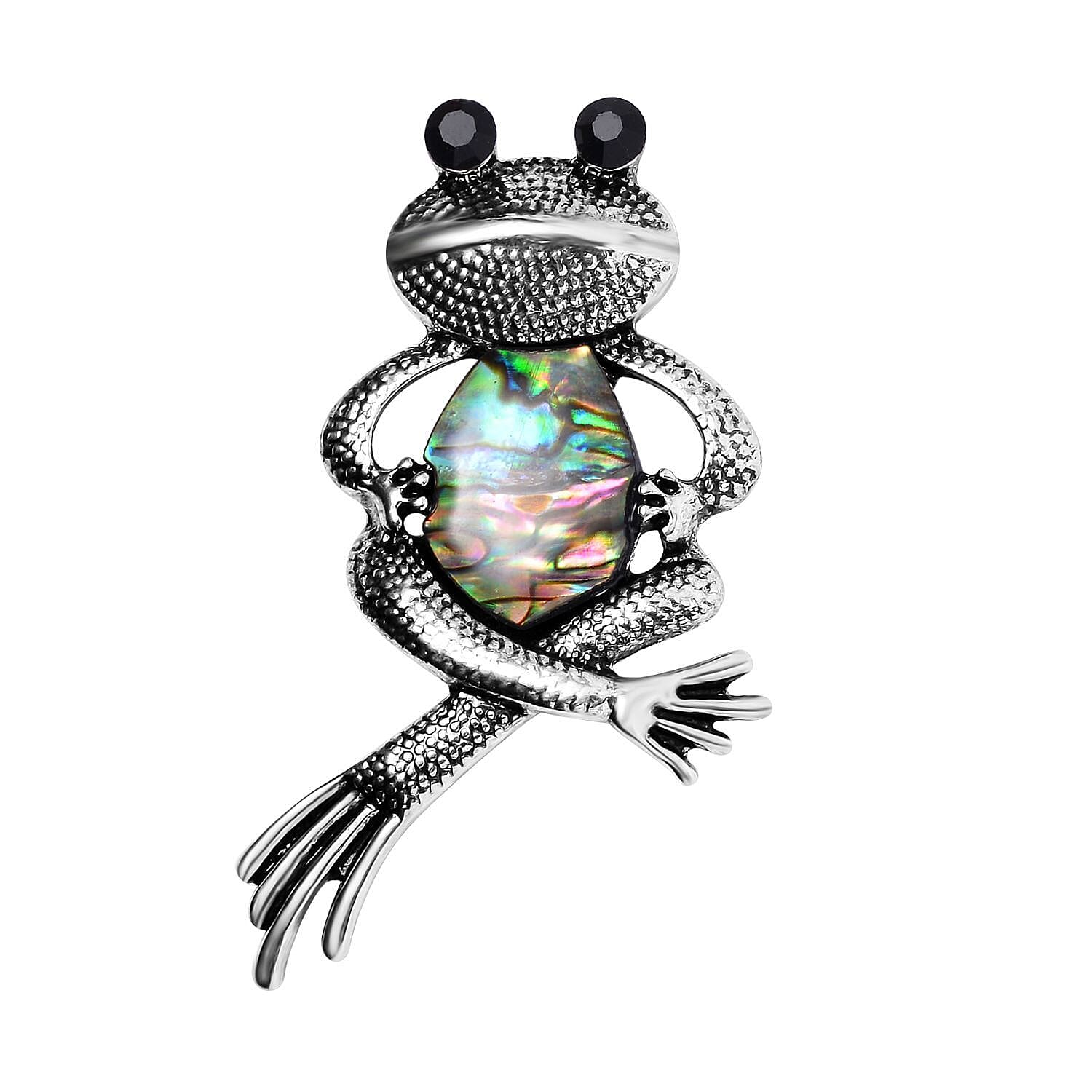 Black Austrian Crystal Abalone Shell Frog Brooch in Antique Silver Tone