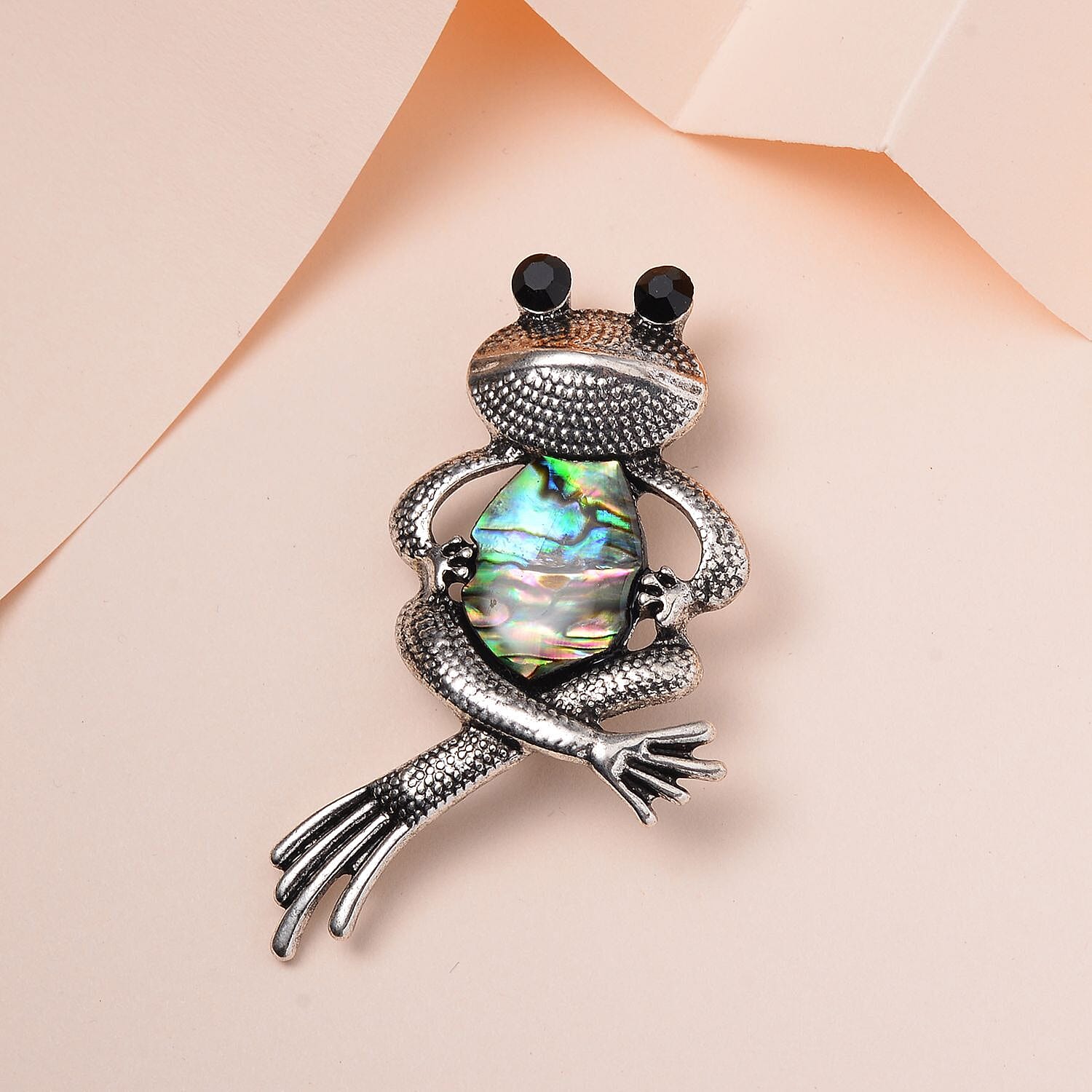 Black Austrian Crystal Abalone Shell Frog Brooch in Antique Silver Tone