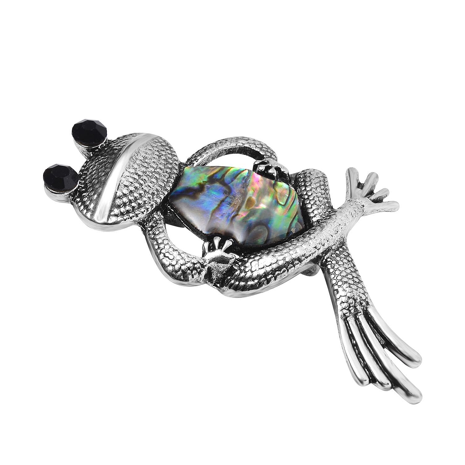Black Austrian Crystal Abalone Shell Frog Brooch in Antique Silver Tone