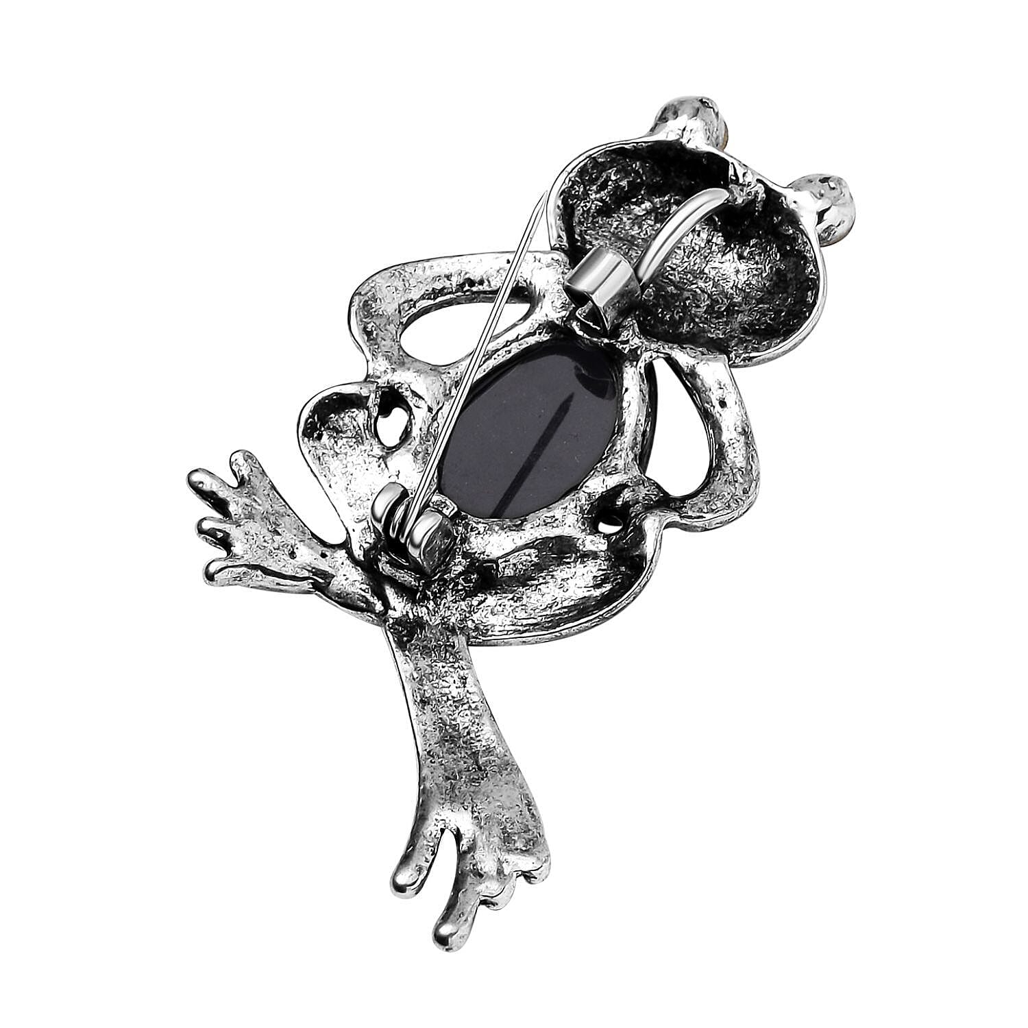 Black Austrian Crystal Abalone Shell Frog Brooch in Antique Silver Tone